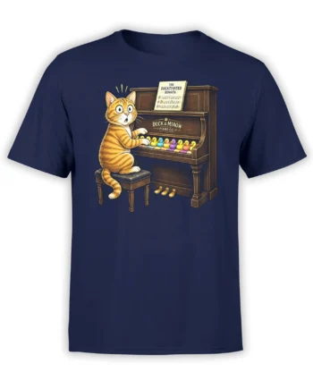 Orange tabby cat playing piano for colorful ducks on a navy graphic T-shirt