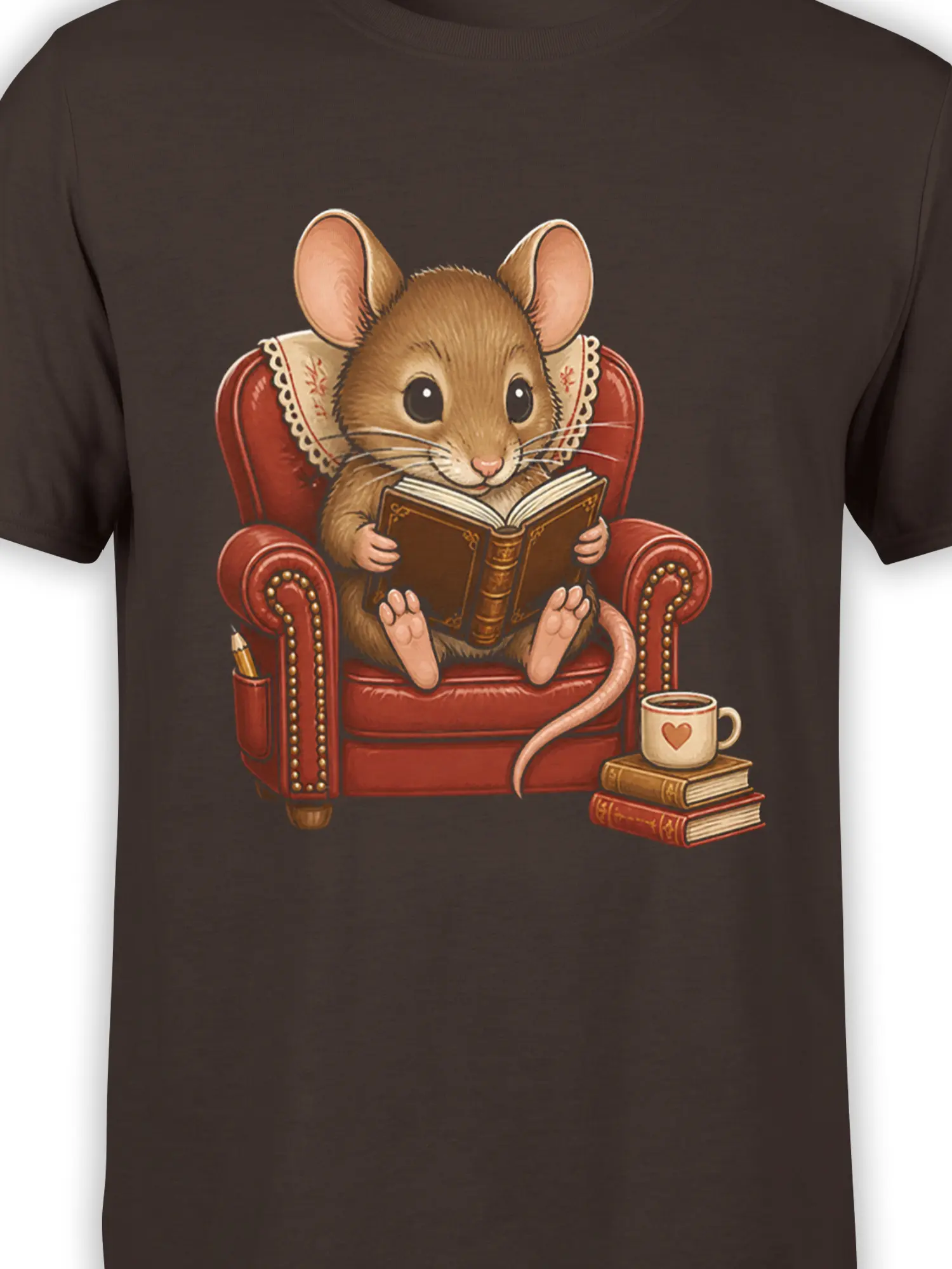 Close-up of the mouse reading a decorated book in a red armchair on a brown graphic T-shirt