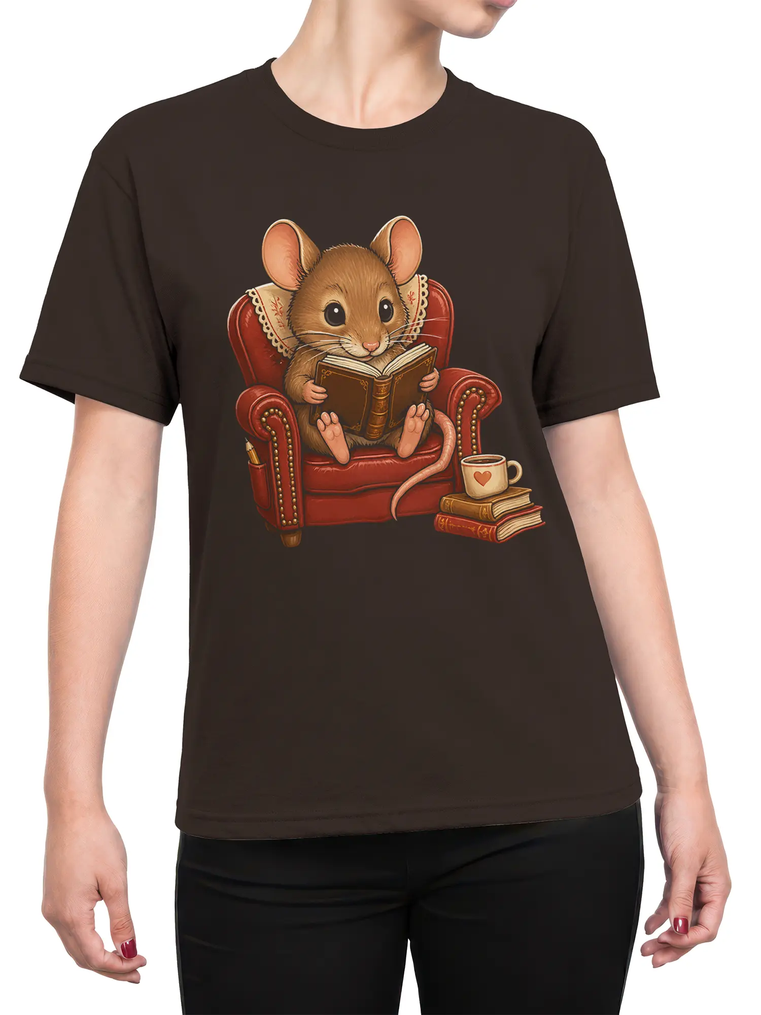 Female torso wearing a brown T-shirt with a cozy mouse reading book illustration and coffee