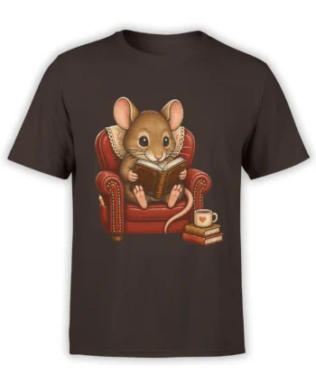 Brown T-shirt featuring a vintage mouse reading in a red armchair beside coffee and stacked books
