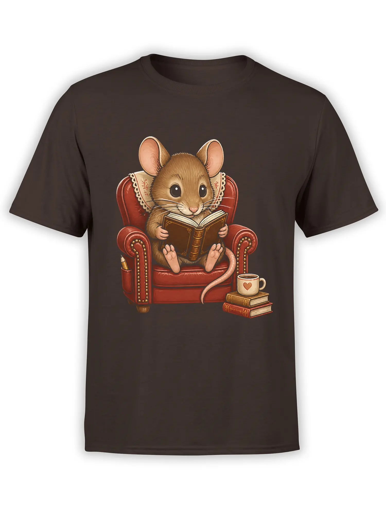 Brown T-shirt featuring a vintage mouse reading in a red armchair beside coffee and stacked books