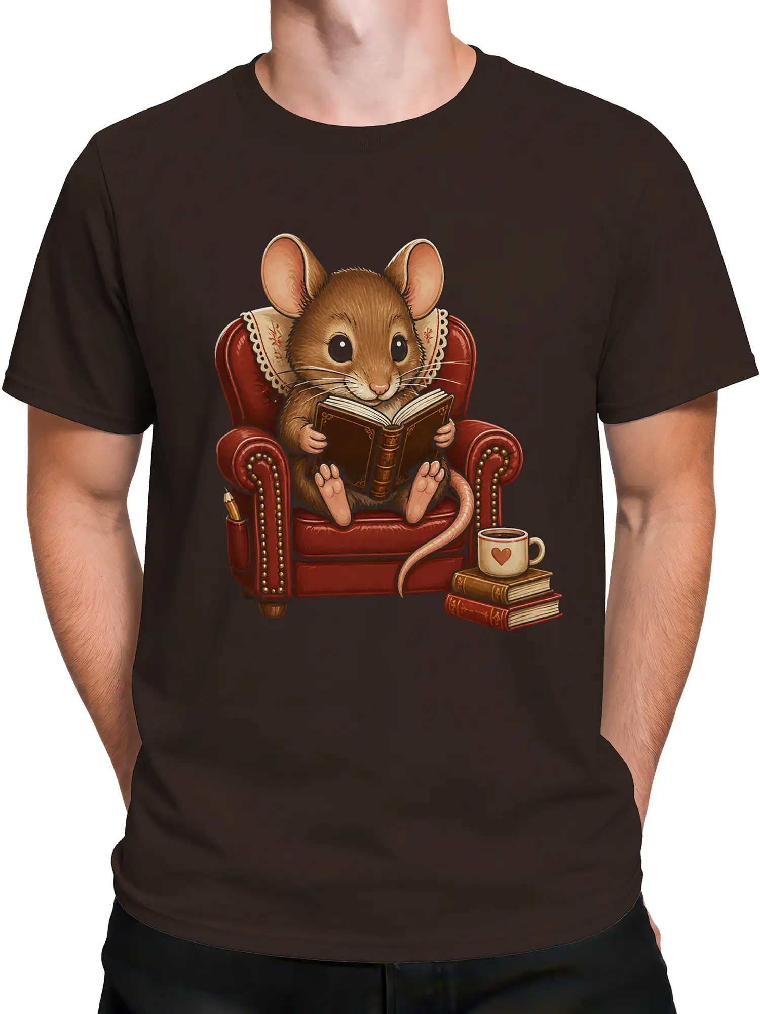 Male torso wearing a brown T-shirt with a vintage mouse reader graphic and red armchair