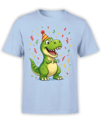 Green T. rex in a striped party hat and confetti on a light blue dinosaur T-shirt