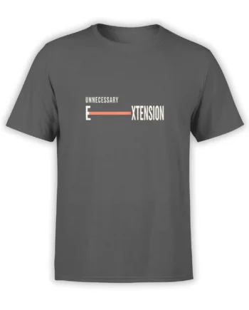 Gray graphic T-shirt with white Unnecessary Extension lettering, an E symbol, and a coral accent line