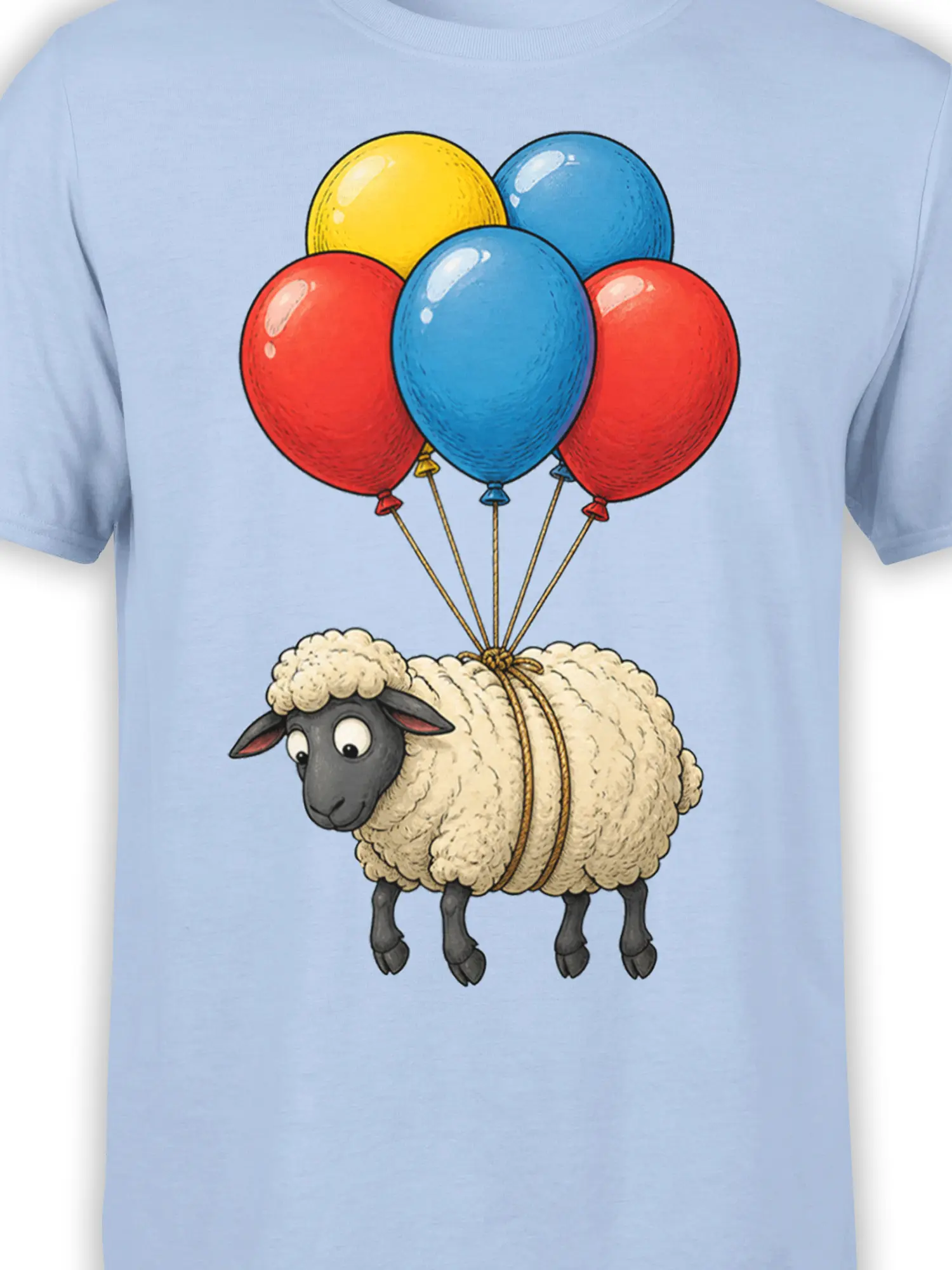 Close-up of a fluffy sheep and colorful balloons printed on a light blue T-shirt