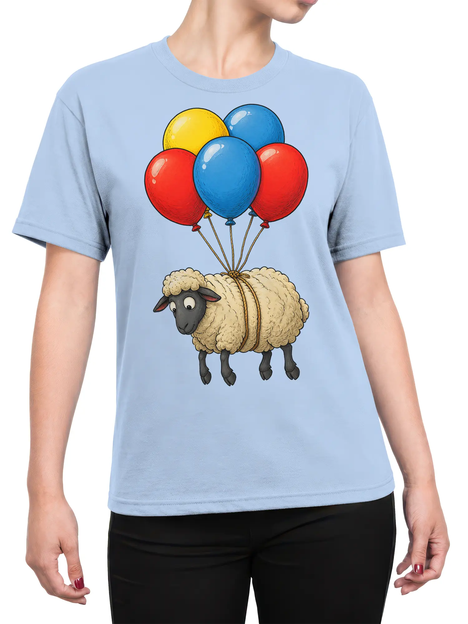 Female torso wearing a light blue T-shirt with a floating sheep and balloon graphic