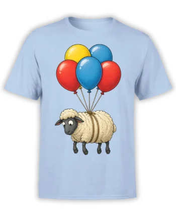 Light blue T-shirt featuring a fluffy sheep floating beneath red, blue, and yellow balloons