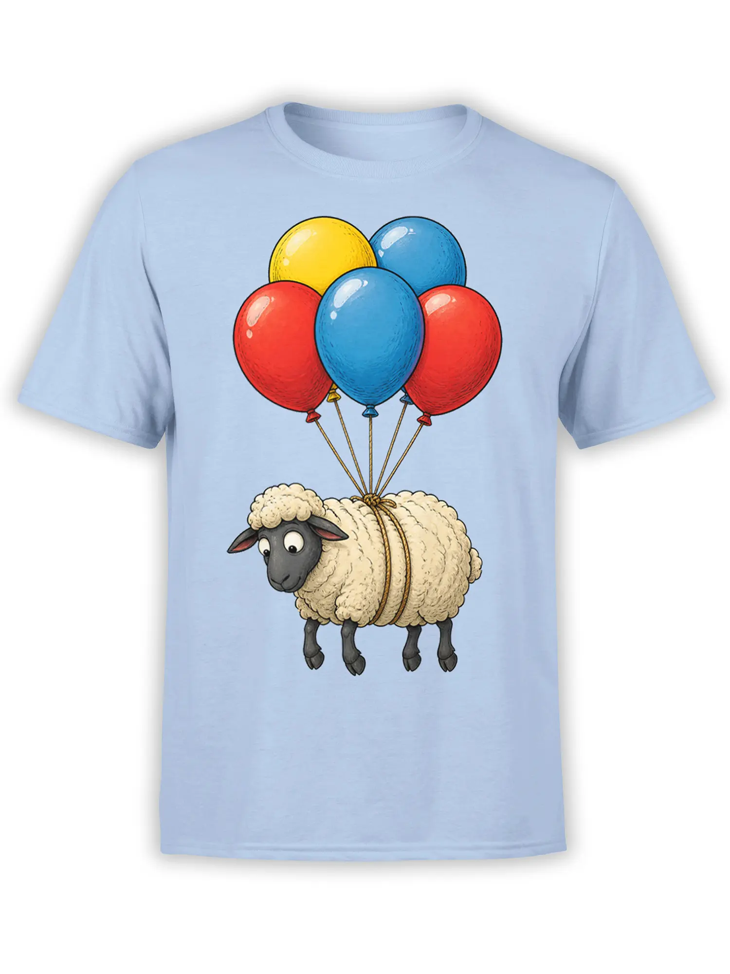Light blue T-shirt featuring a fluffy sheep floating beneath red, blue, and yellow balloons