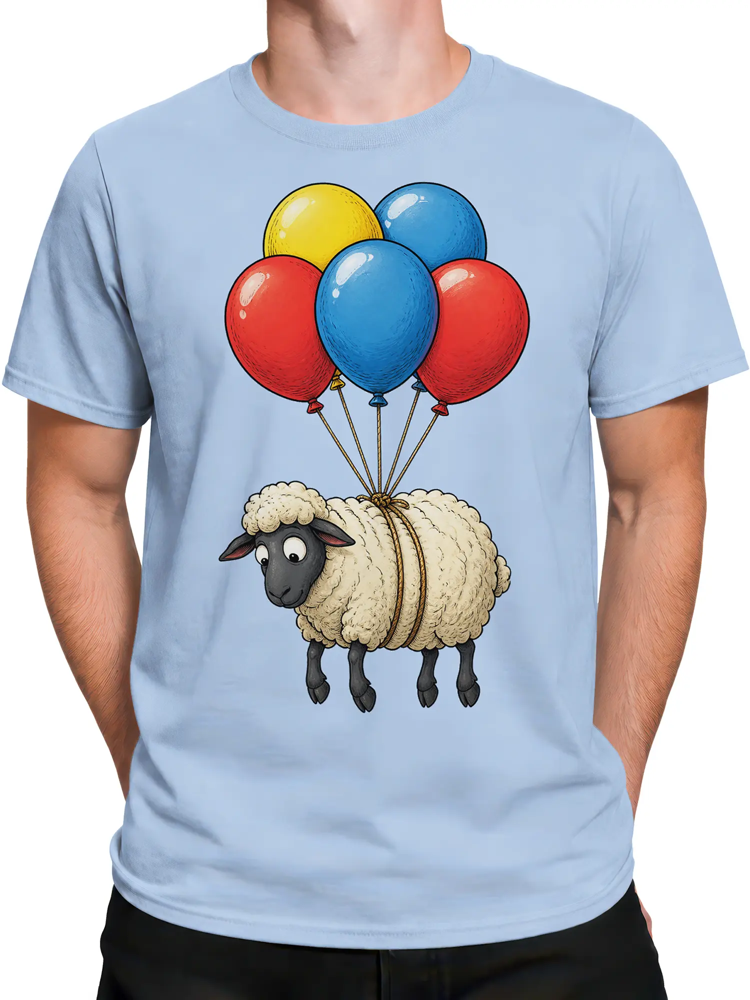 Male torso wearing a light blue T-shirt with a colorful sheep balloon design