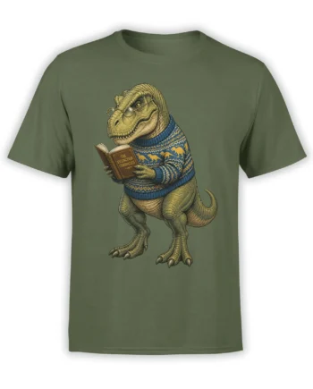 Green dinosaur reading The Extinction Chronicles in a blue sweater on a green graphic T-shirt