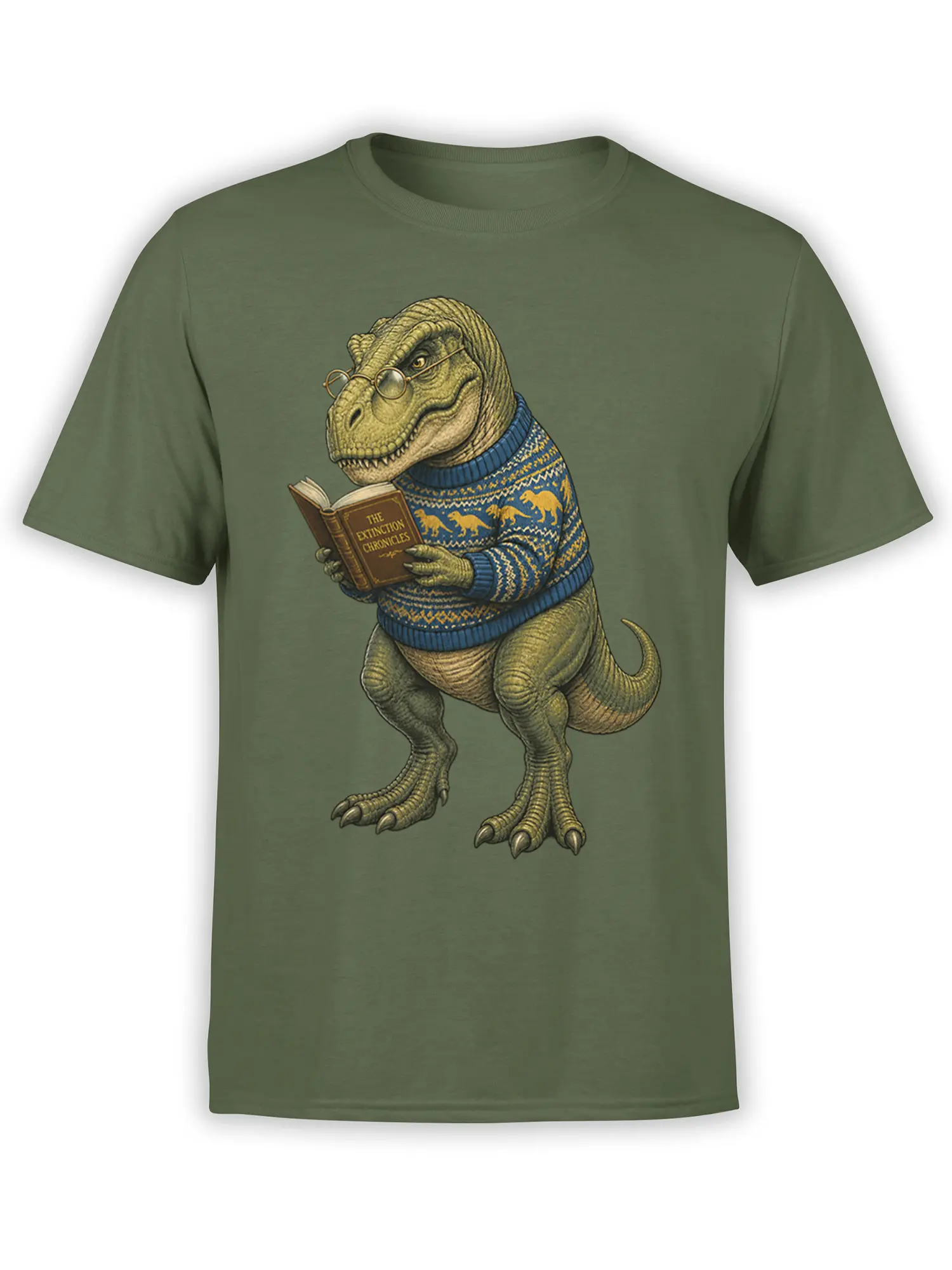 Green dinosaur reading The Extinction Chronicles in a blue sweater on a green graphic T-shirt