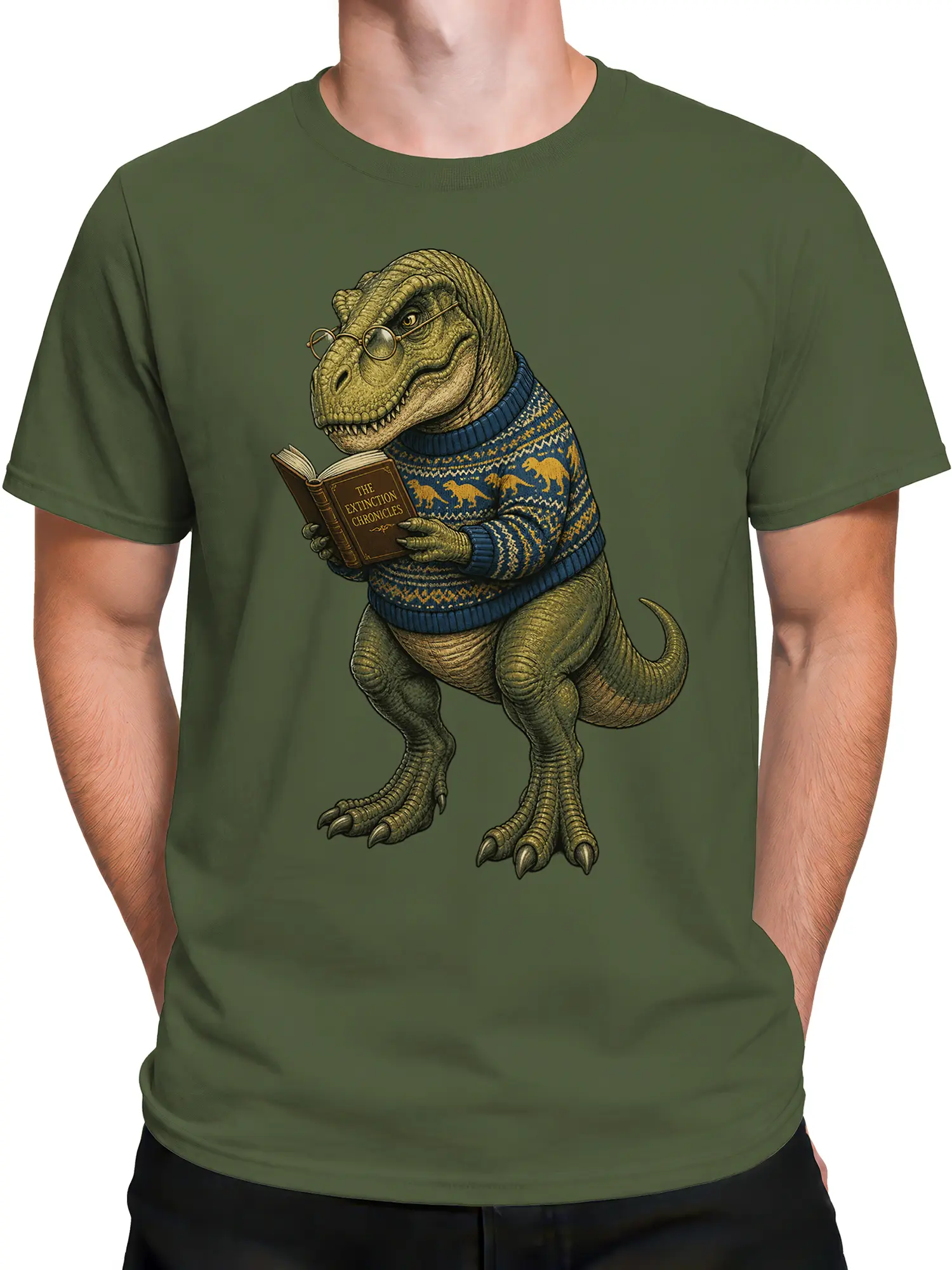 Male torso wearing a green T-shirt with a dinosaur reading The Extinction Chronicles
