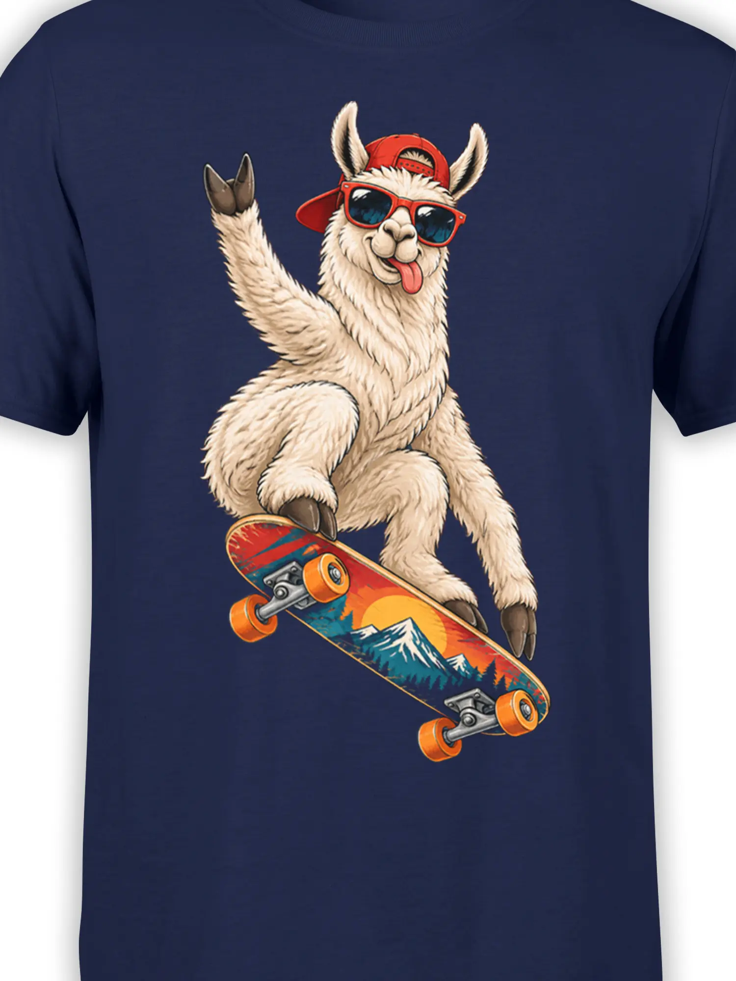 Detailed llama skateboard graphic with red sunglasses, backward cap, and mountain board on navy fabric