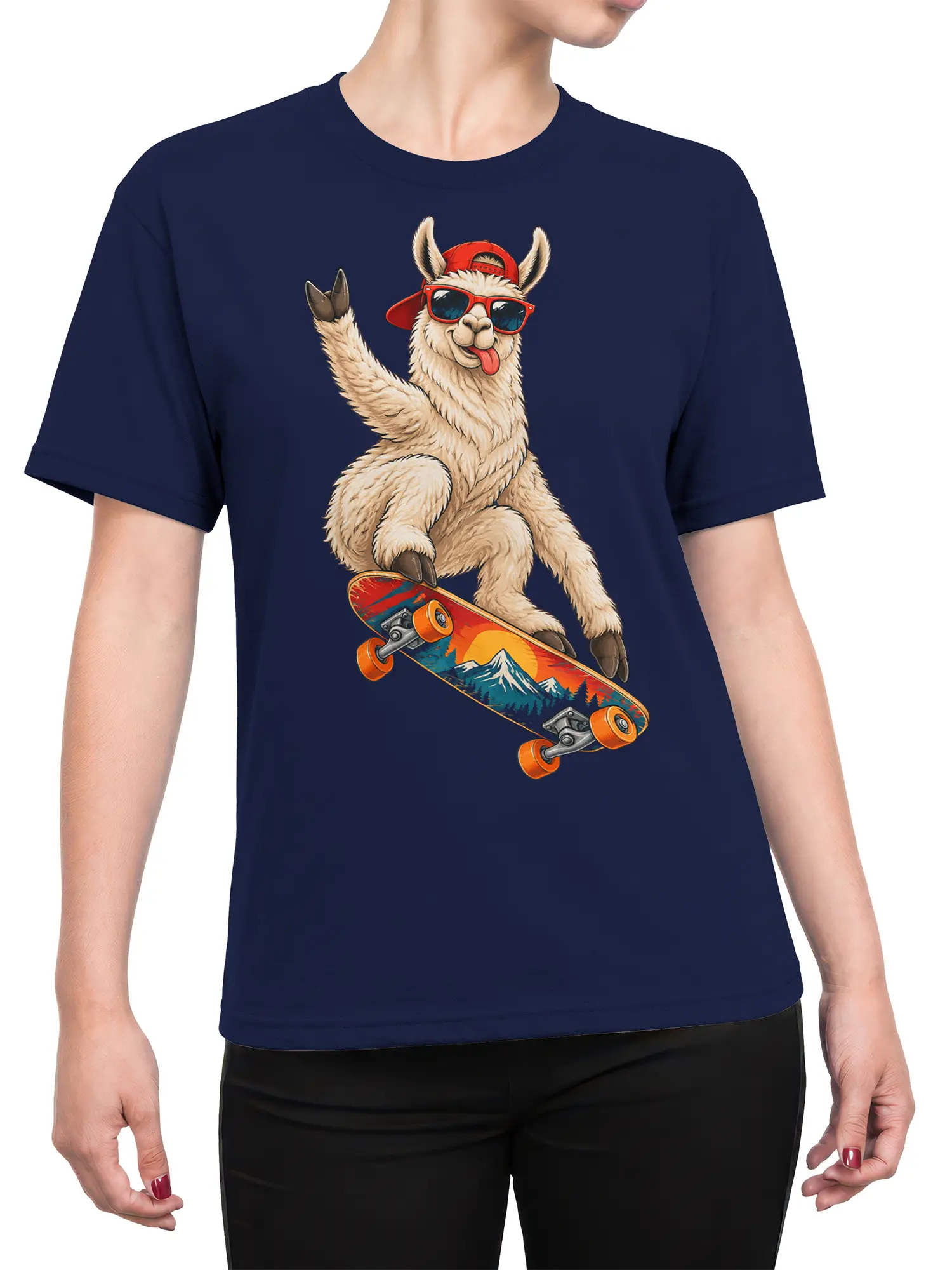 Female torso wearing a navy T-shirt with a funny llama in sunglasses riding a mountain skateboard