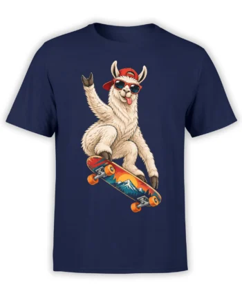 Funny cream llama in red sunglasses riding a colorful mountain skateboard on a navy T-shirt