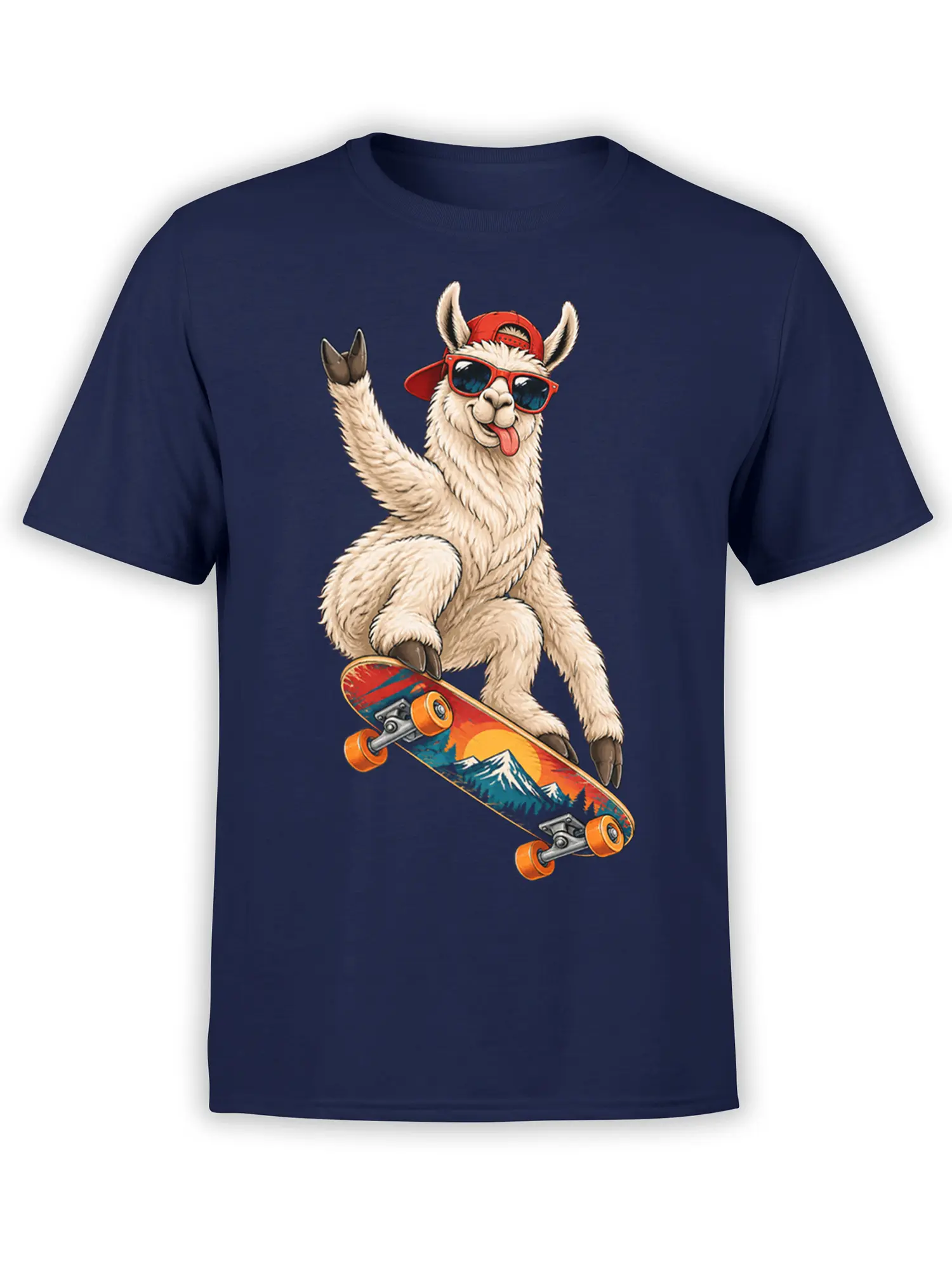 Funny cream llama in red sunglasses riding a colorful mountain skateboard on a navy T-shirt