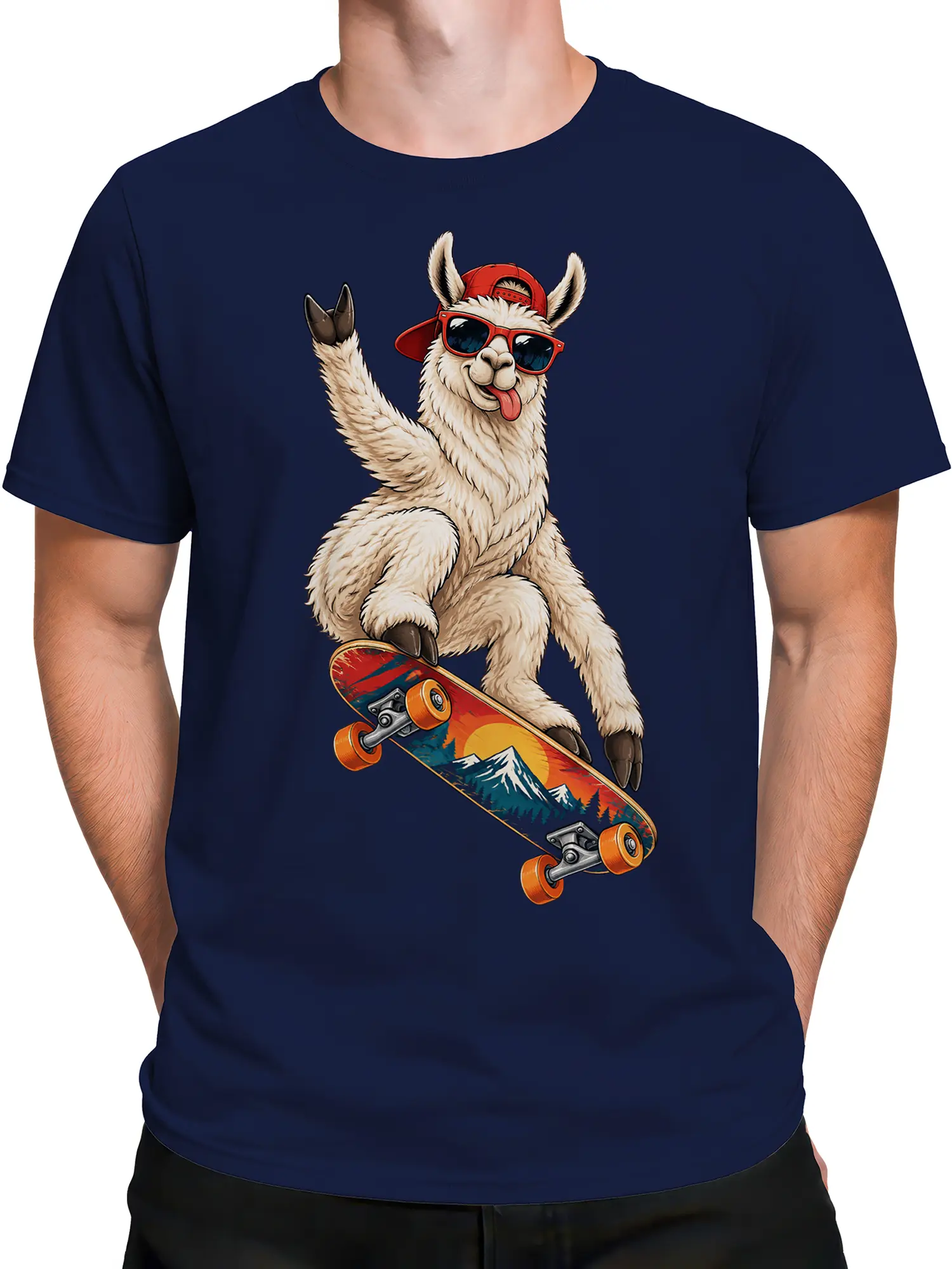 Male torso wearing a navy llama T-shirt with a sunglasses-wearing character on a skateboard