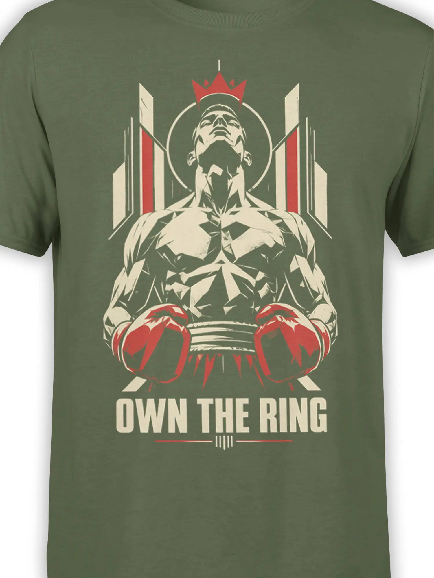 Close-up of crowned fighter, red boxing gloves, and bold lettering on green boxing graphic tee