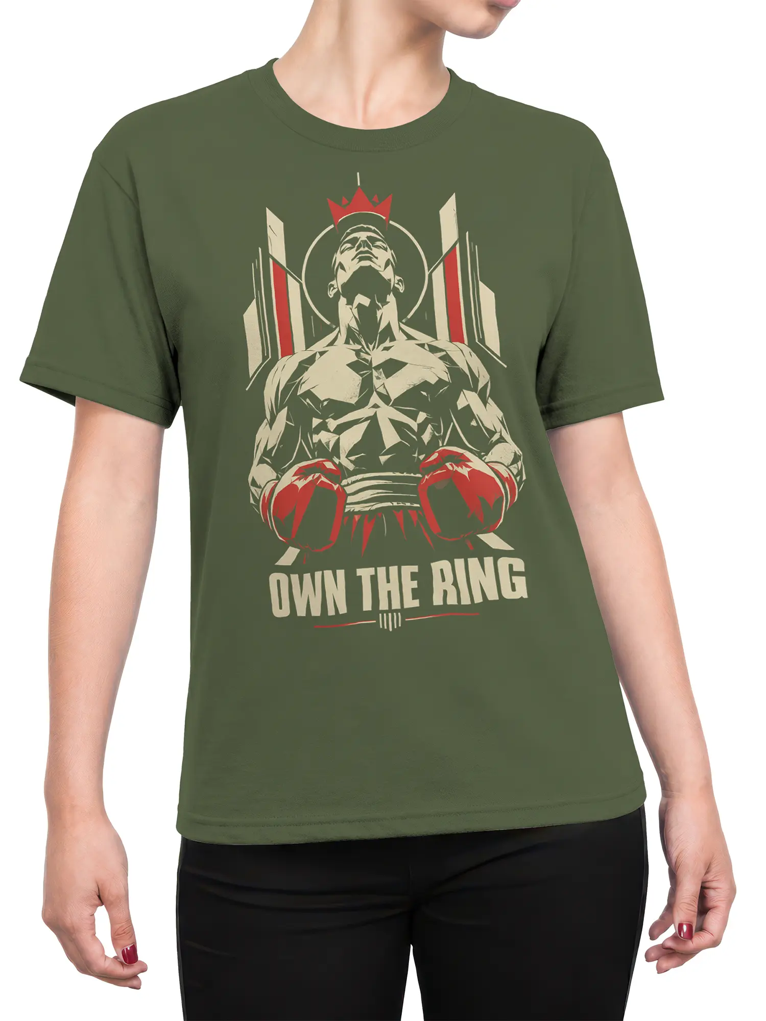 Female torso wearing green T-shirt with crowned fighter and red boxing glove graphic