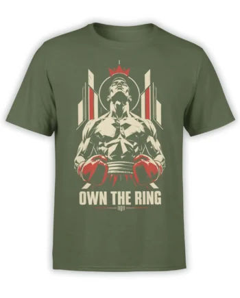 Crowned fighter with red boxing gloves and OWN THE RING lettering on a green graphic T-shirt