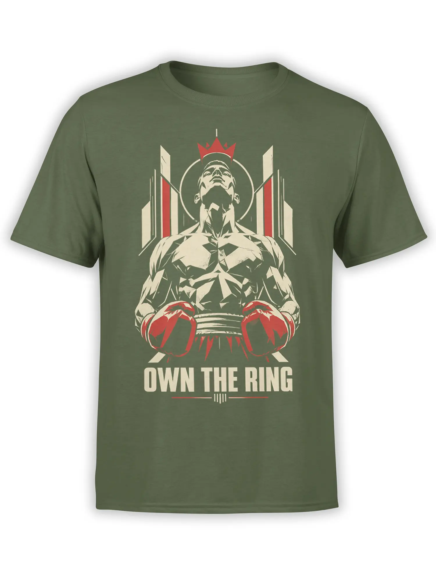 Crowned fighter with red boxing gloves and OWN THE RING lettering on a green graphic T-shirt