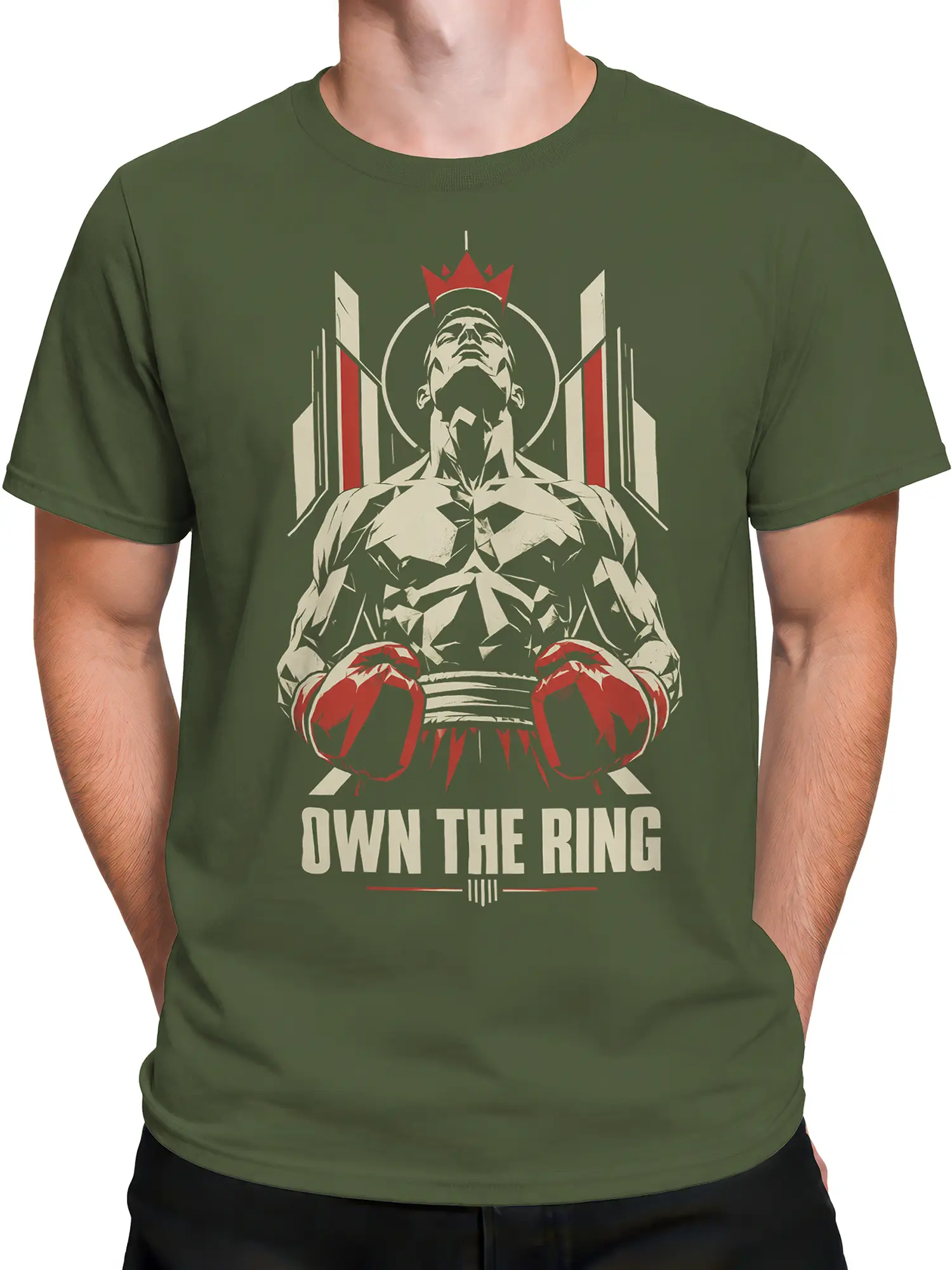 Male torso wearing green T-shirt with crowned fighter and OWN THE RING graphic