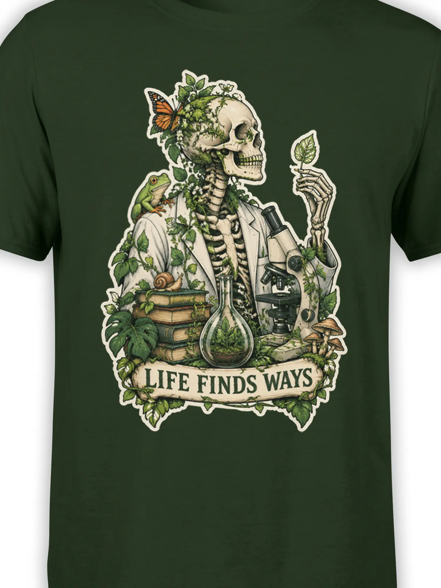 Close-up of skeleton scientist artwork with frog, butterfly, plants, microscope, and “Life Finds Ways” text