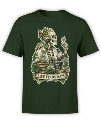 Green science T-shirt with a skeleton scientist, plants, frog, microscope, and “Life Finds Ways” artwork