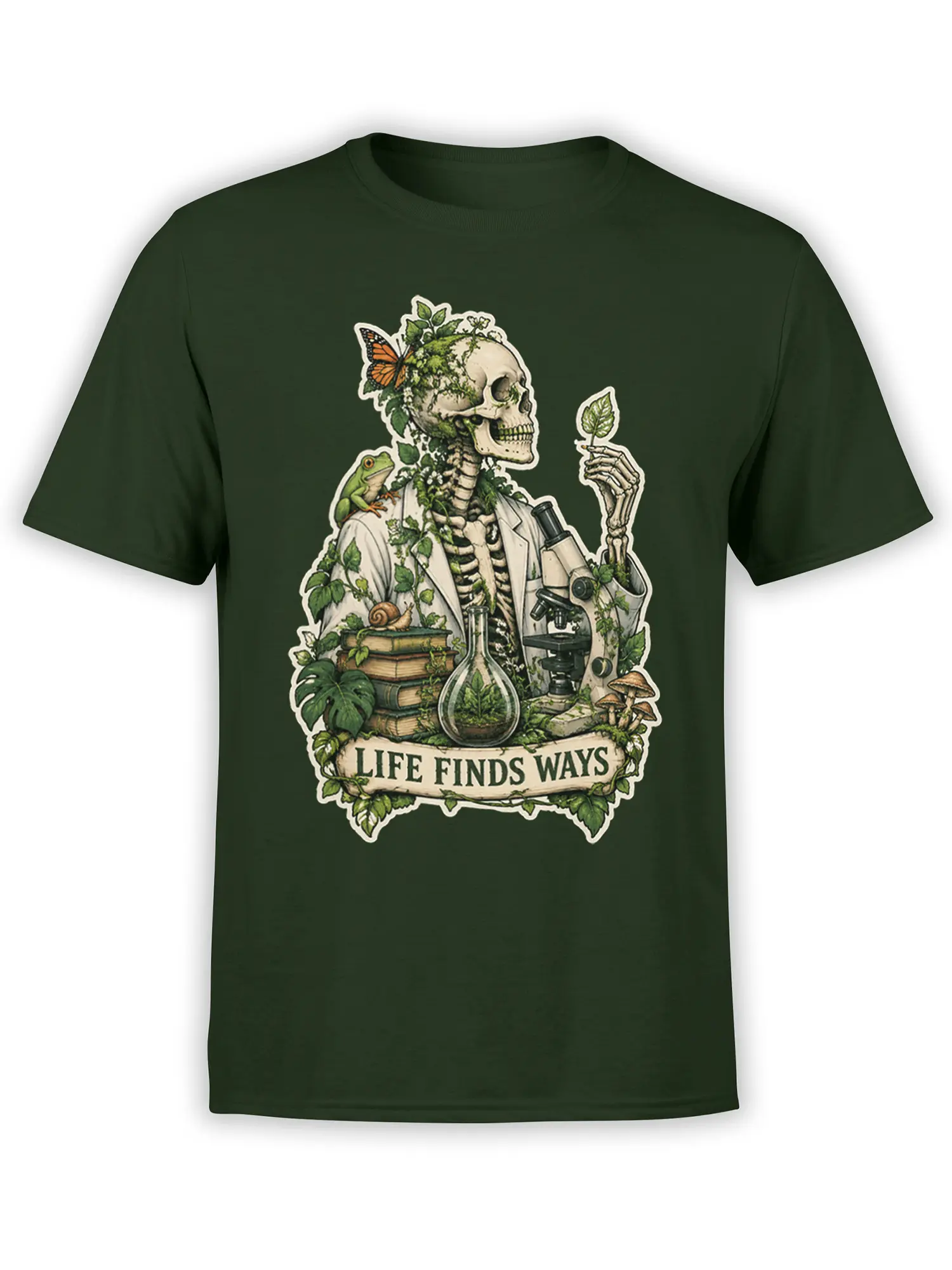 Green science T-shirt with a skeleton scientist, plants, frog, microscope, and “Life Finds Ways” artwork