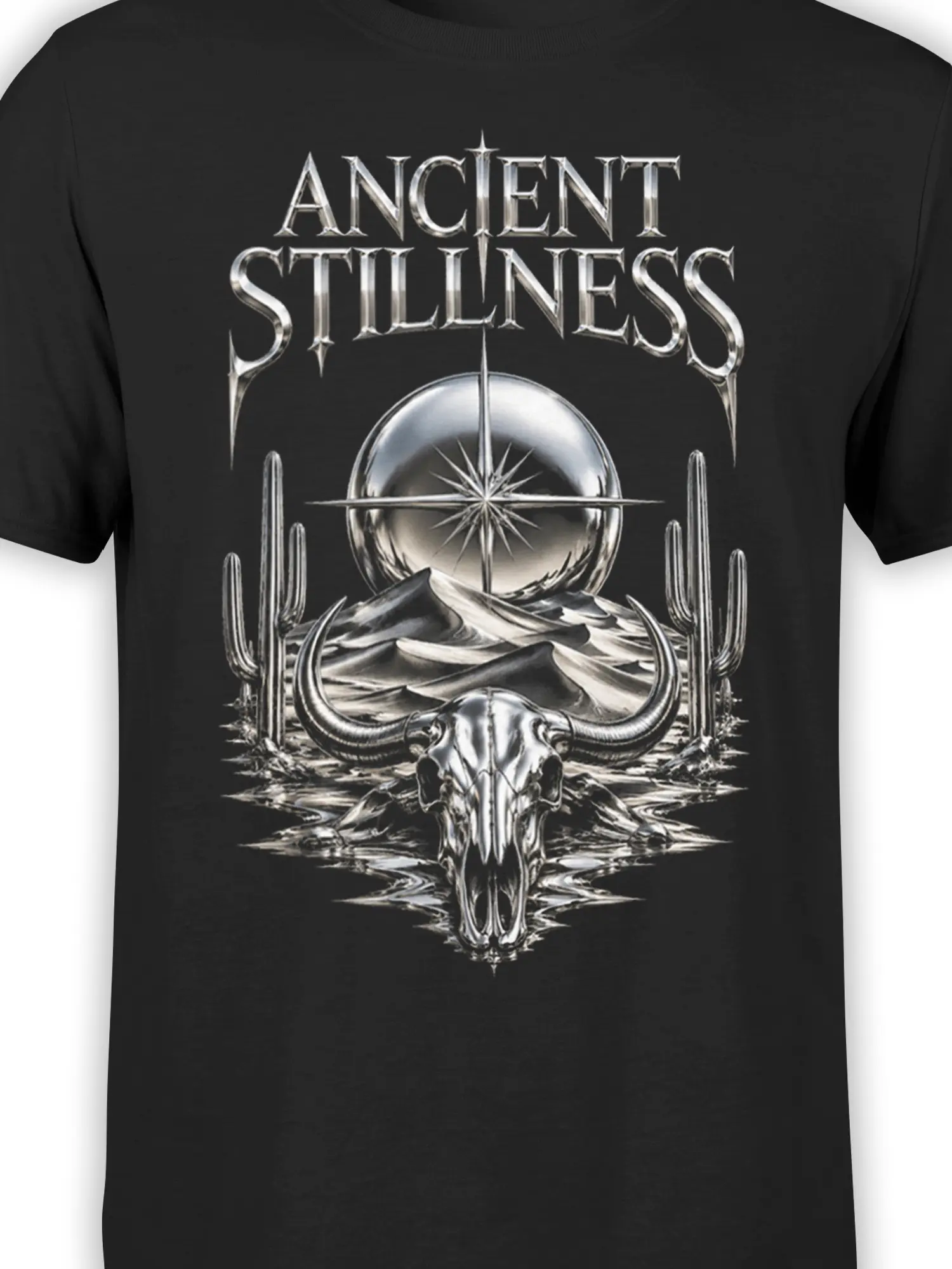 Close-up of the silver desert skull artwork and Ancient Stillness lettering on a black T-shirt