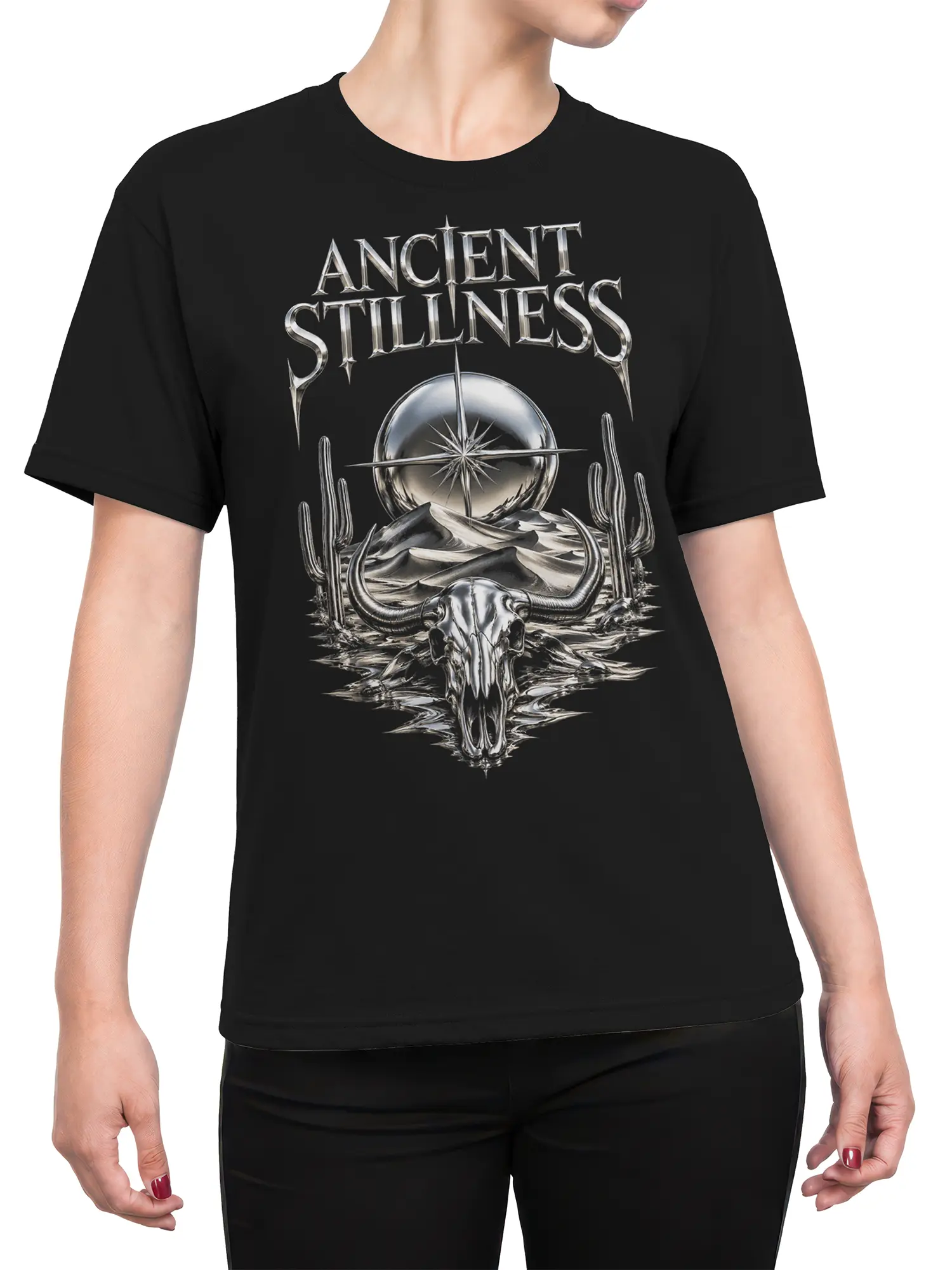 Female torso wearing a black T-shirt with silver desert, compass, cactus, and bull skull artwork