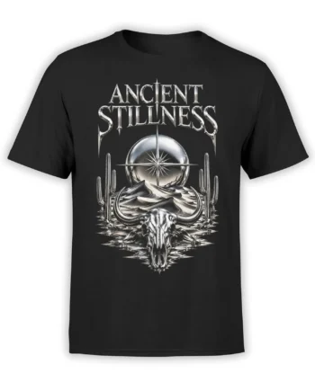 Black T-shirt featuring a silver bull skull, compass sphere, cacti, mountains, and Ancient Stillness lettering