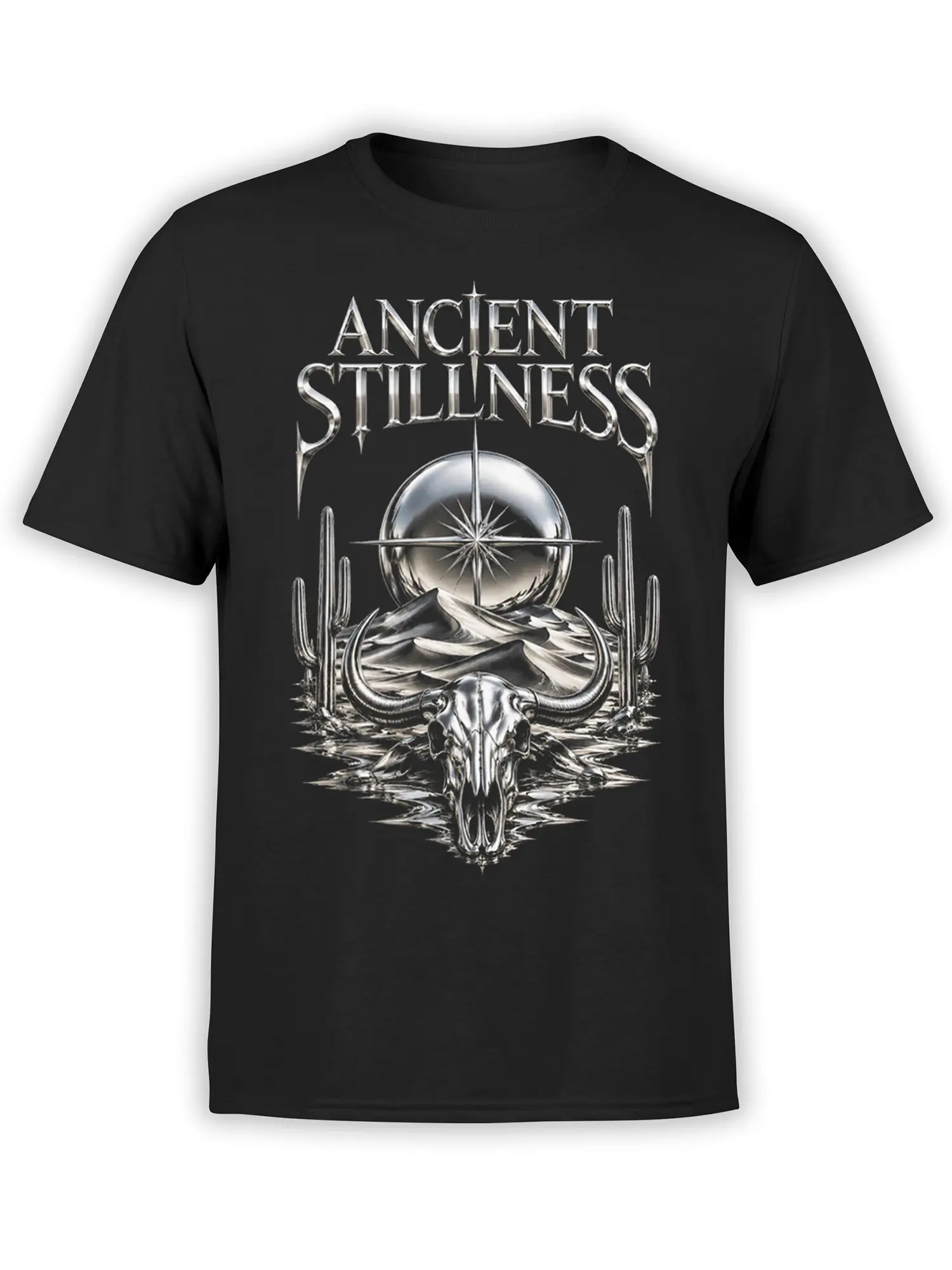 Black T-shirt featuring a silver bull skull, compass sphere, cacti, mountains, and Ancient Stillness lettering