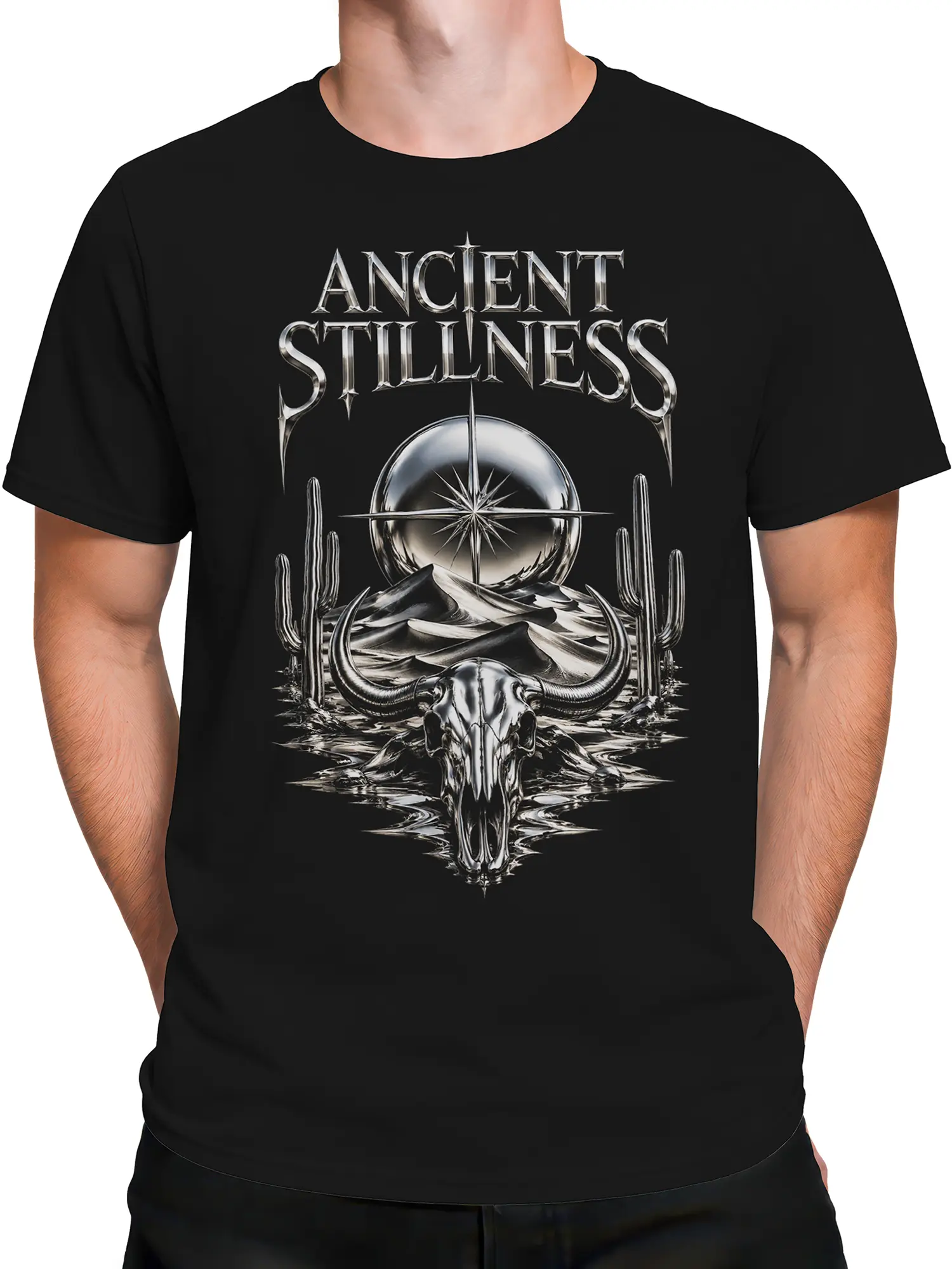 Male torso wearing a black T-shirt with Ancient Stillness desert and bull skull artwork