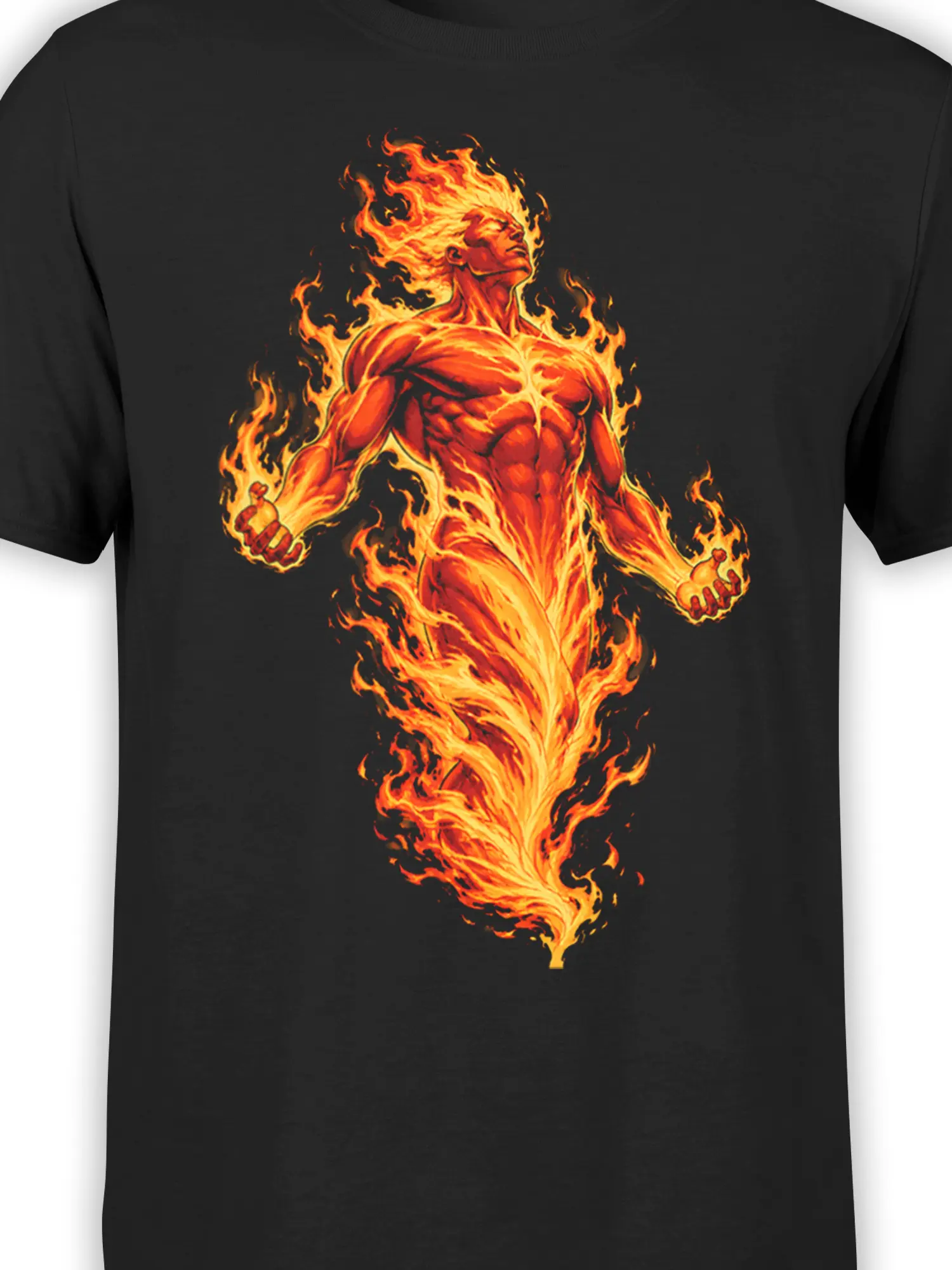 Close-up of the fiery humanoid graphic with blazing hair, muscular form, and bright flames on black fabric