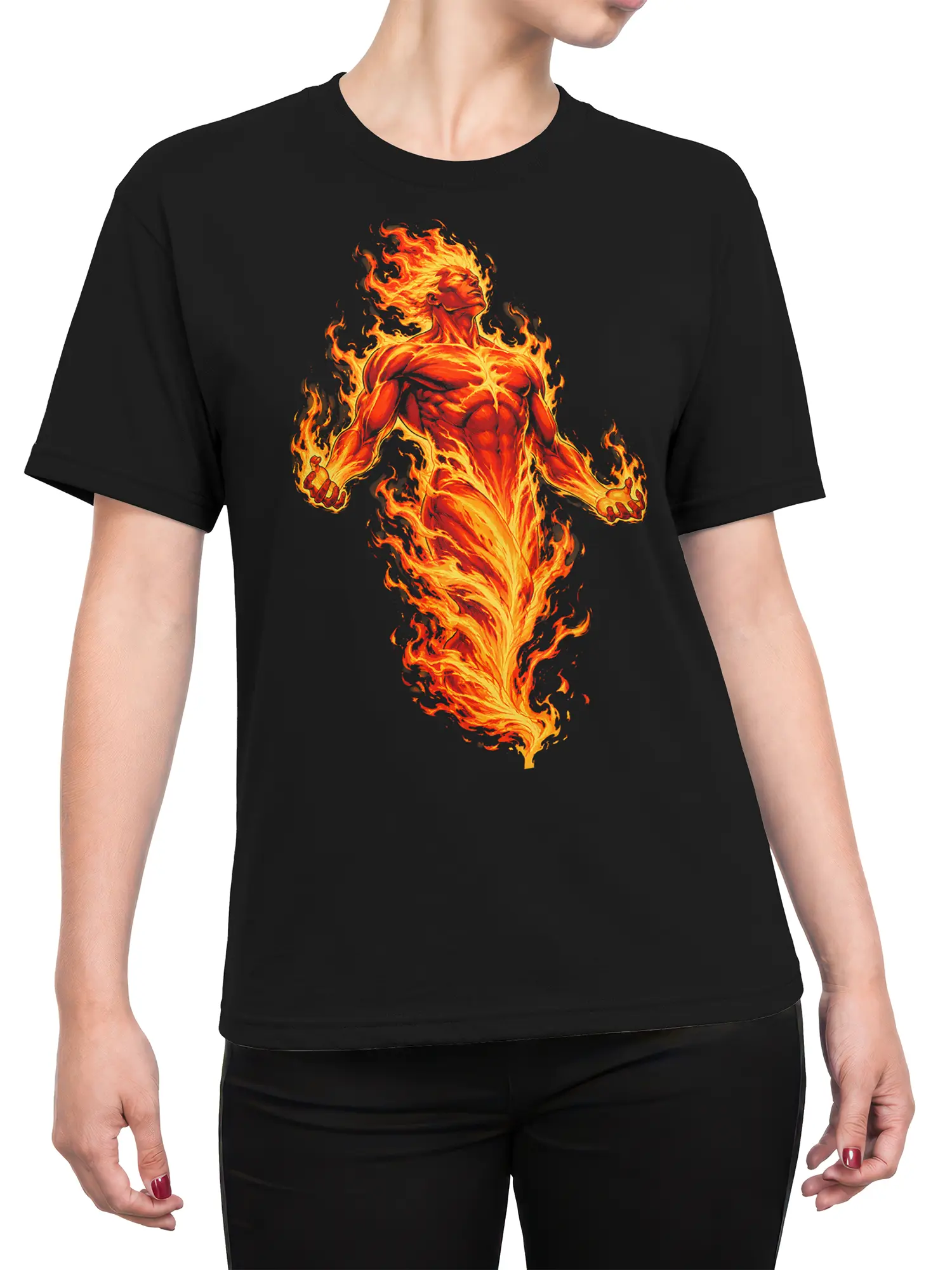 Female torso wearing a black T-shirt with a dramatic flame-covered humanoid fantasy figure across the front