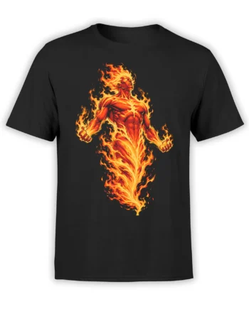Black T-shirt with a powerful muscular humanoid figure surrounded by vivid orange and yellow flames