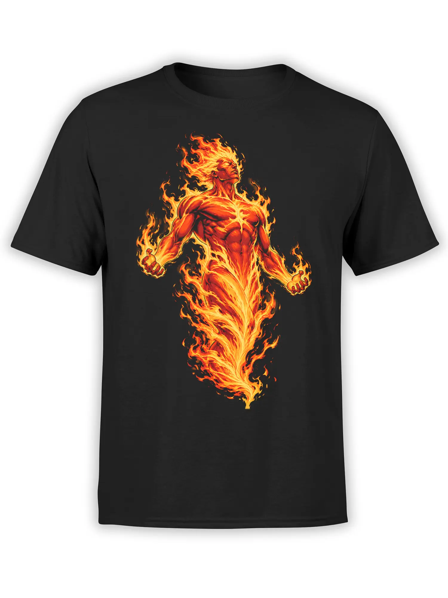 Black T-shirt with a powerful muscular humanoid figure surrounded by vivid orange and yellow flames