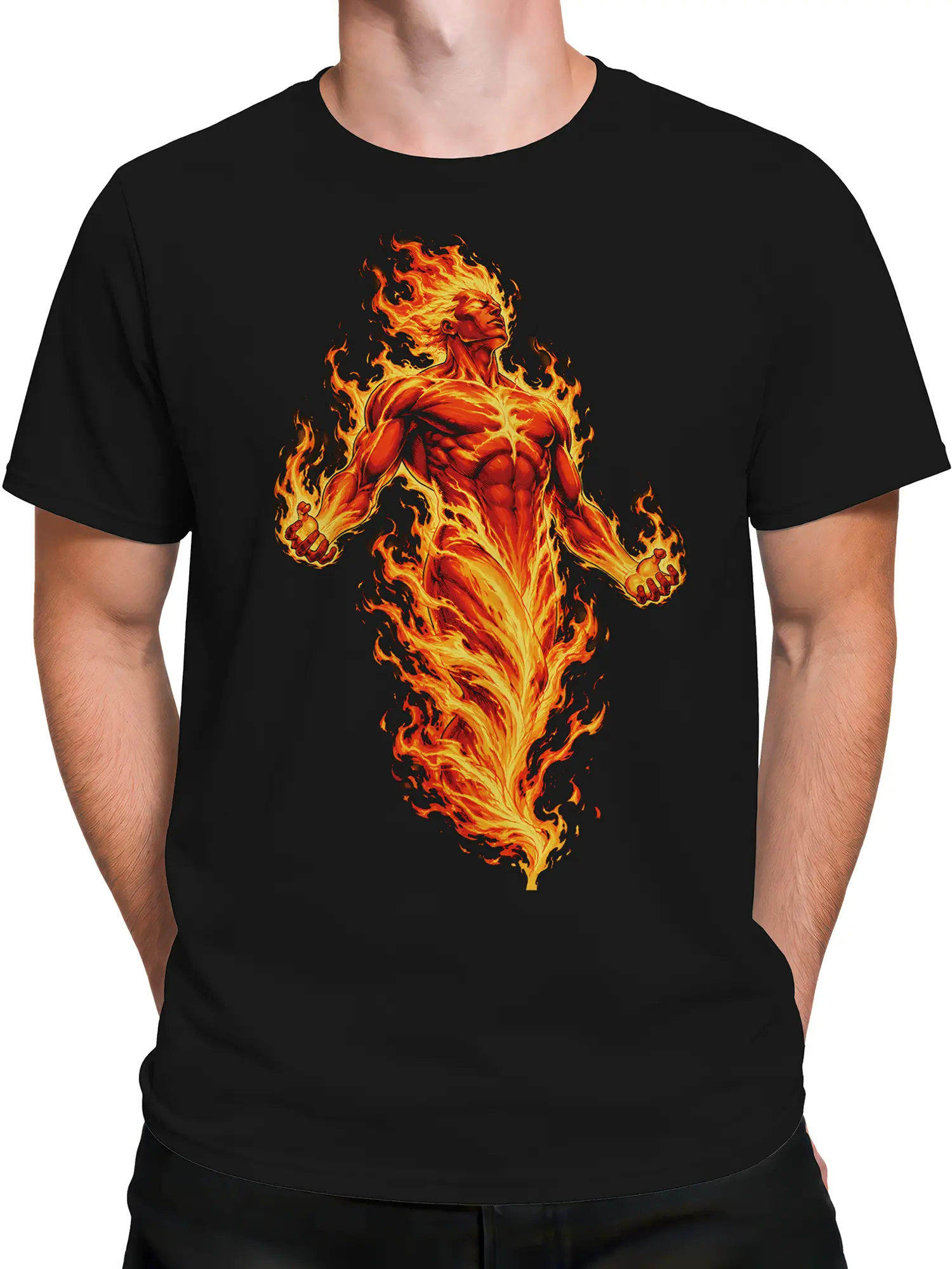 Male torso wearing a black T-shirt with a powerful orange flame humanoid graphic across the front