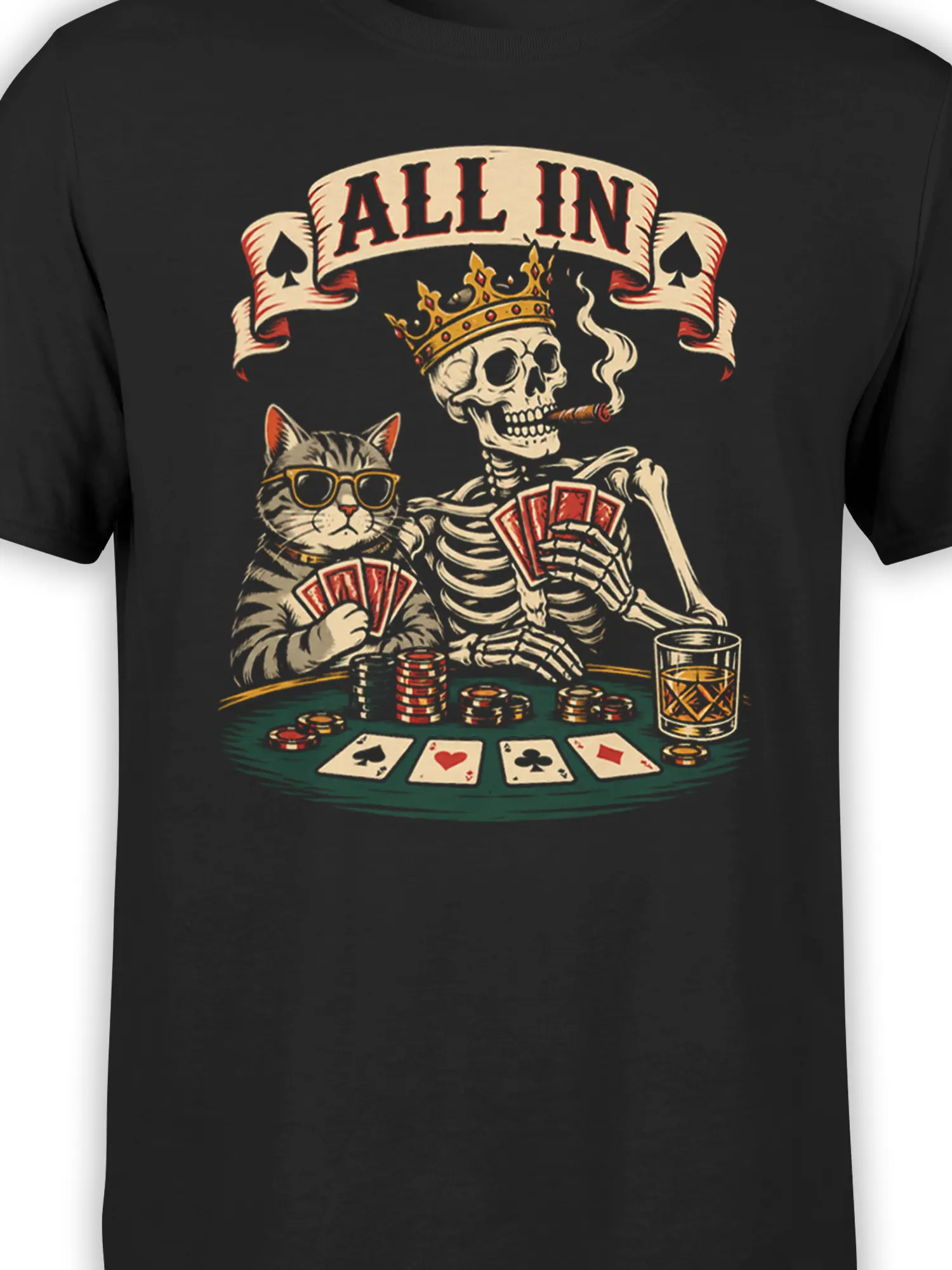 Close-up of striped cat and crowned skeleton playing cards on black poker graphic tee