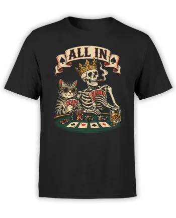 Black poker T-shirt with striped cat, crowned skeleton, cards, chips, and ALL IN banner