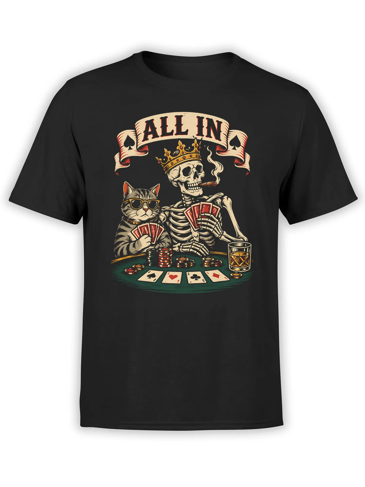 Black poker T-shirt with striped cat, crowned skeleton, cards, chips, and ALL IN banner