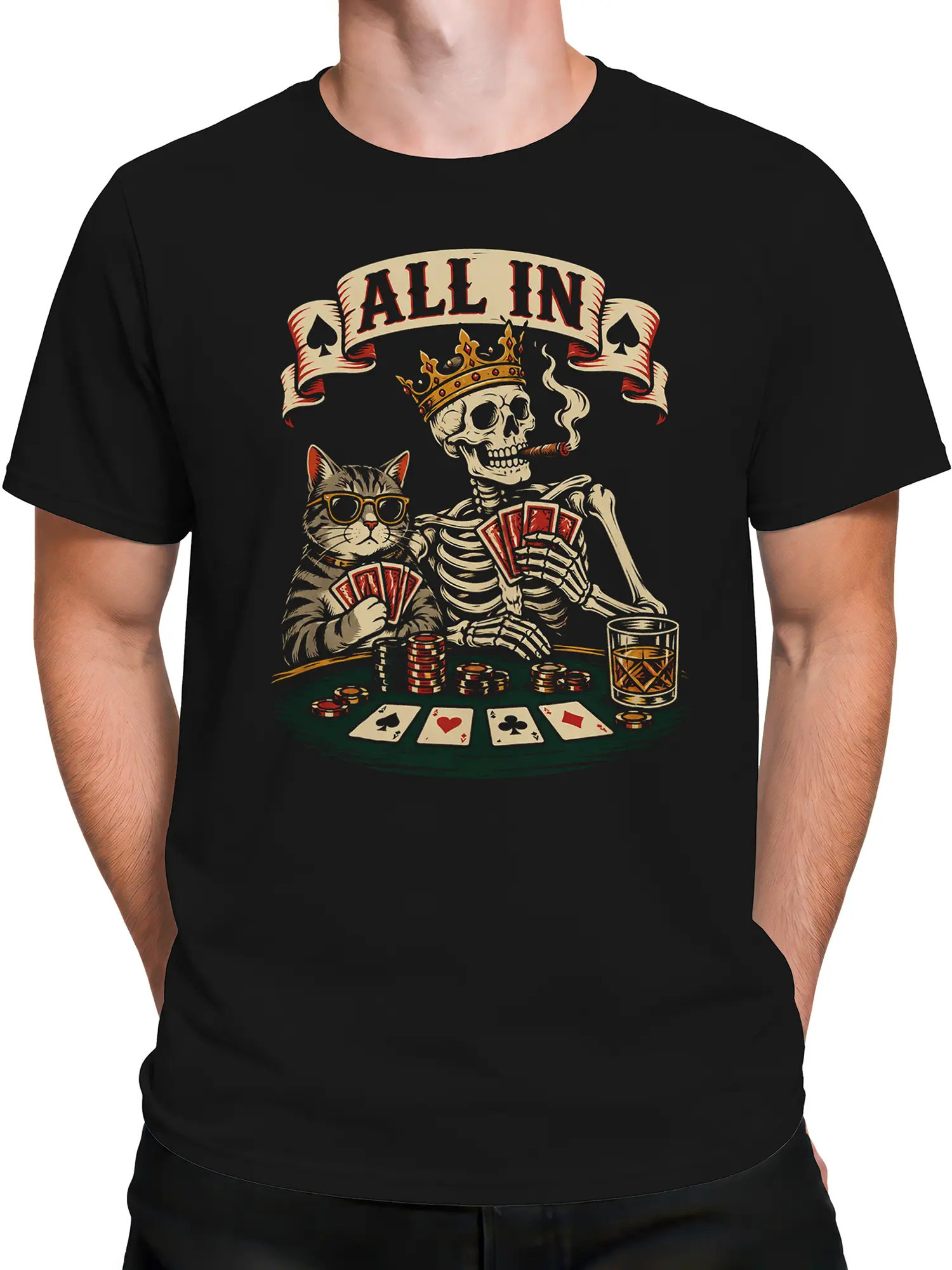 Male torso wearing black poker tee with striped cat and crowned skeleton design
