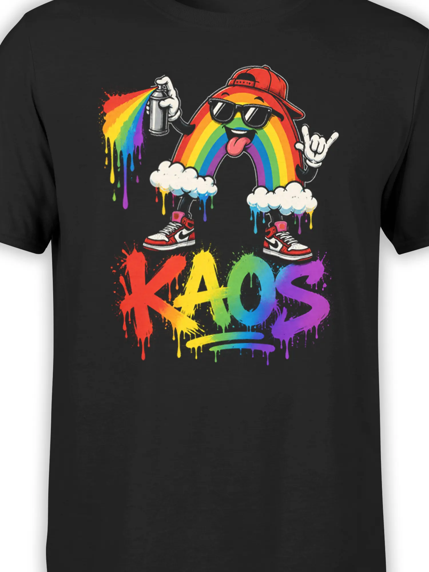 Close-up of the colorful rainbow character, spray can, paint splashes, sneakers, and dripping KAOS design on black fabric