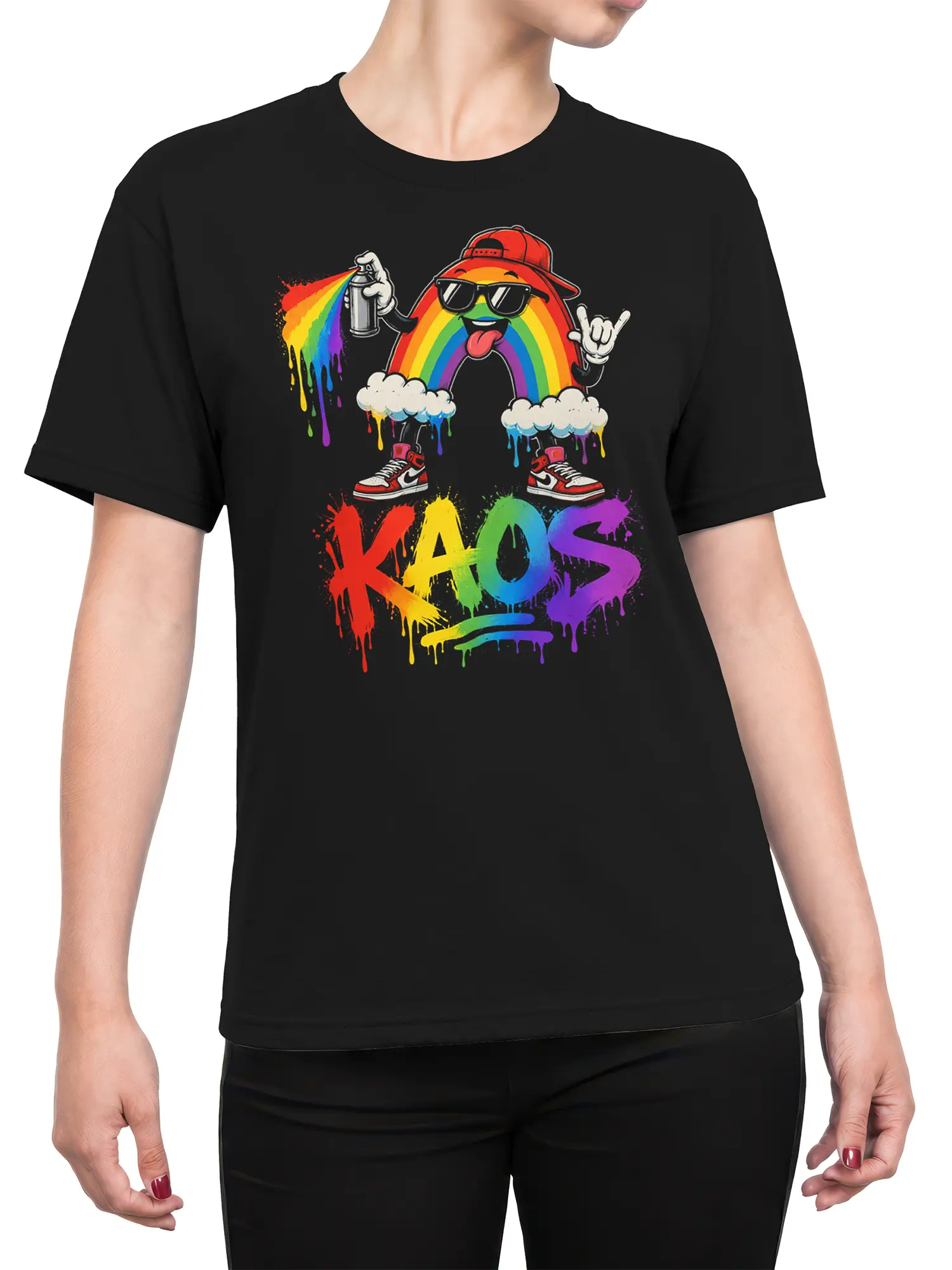 Female torso wearing a black T-shirt with a colorful rainbow character, graffiti details, and KAOS lettering
