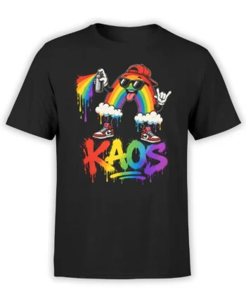 Black T-shirt with a colorful rainbow character in sunglasses, spray paint, sneakers, and KAOS lettering