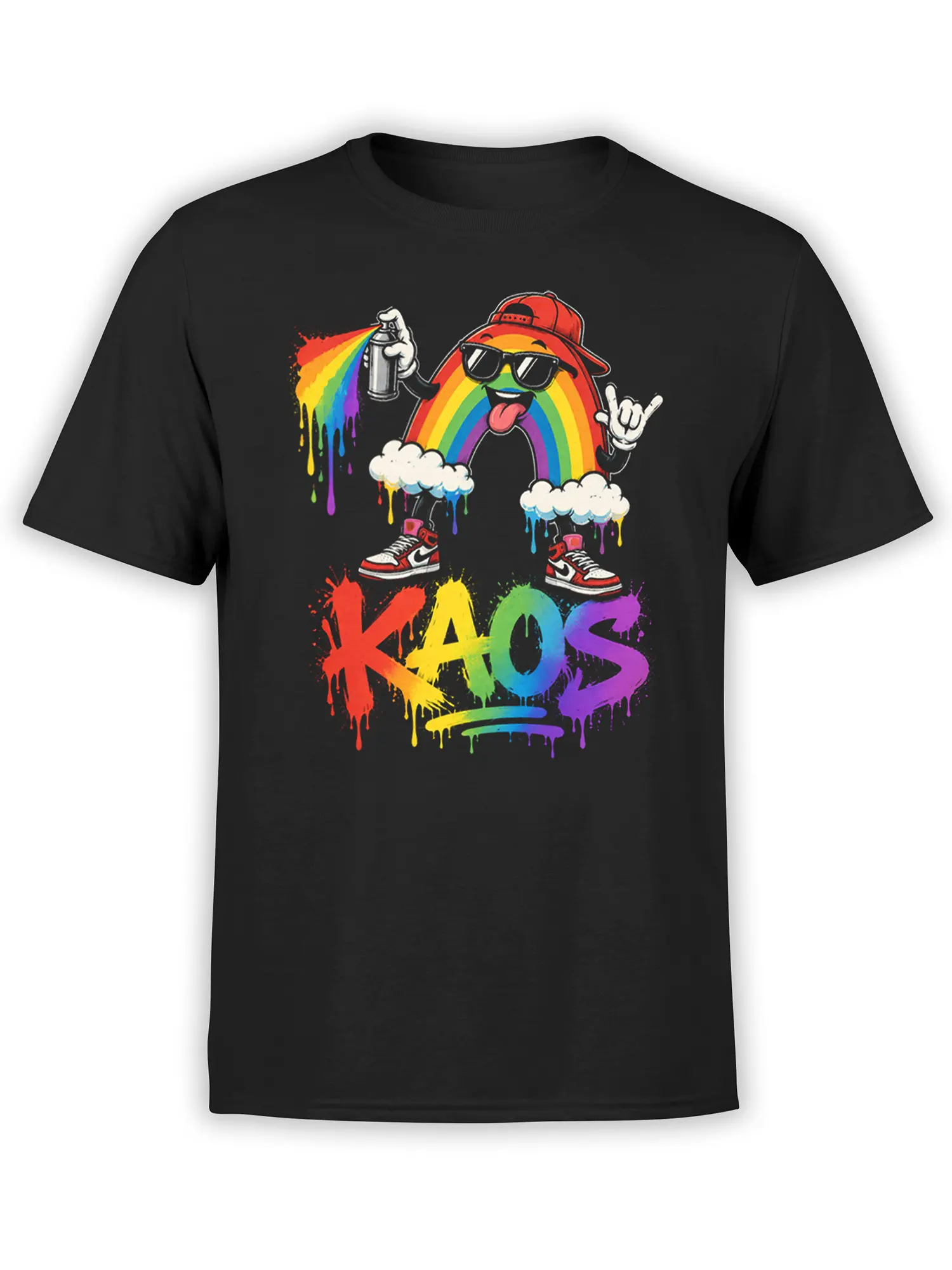 Black T-shirt with a colorful rainbow character in sunglasses, spray paint, sneakers, and KAOS lettering