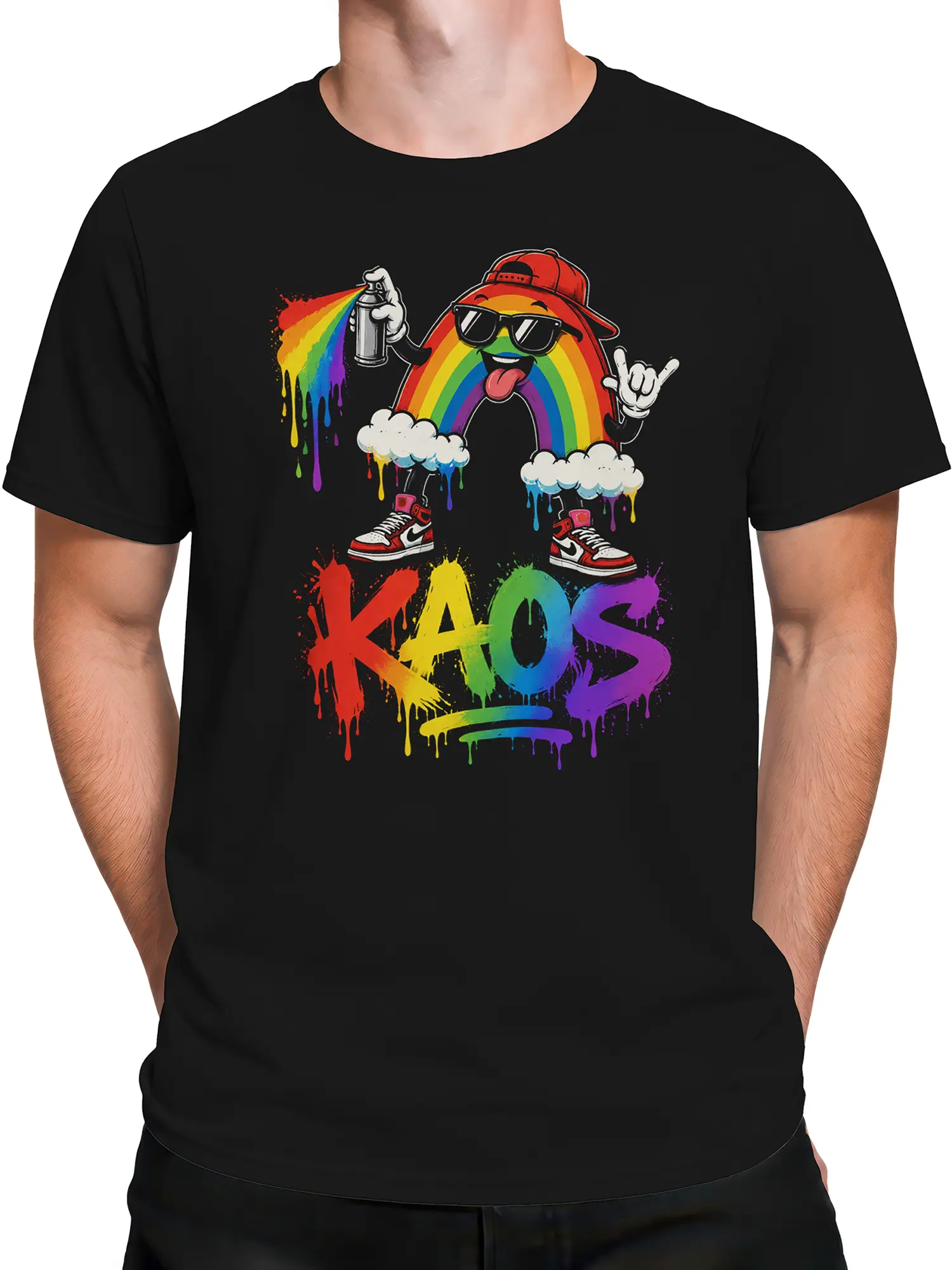 Male torso wearing a black T-shirt with a colorful rainbow character and dripping KAOS graphic