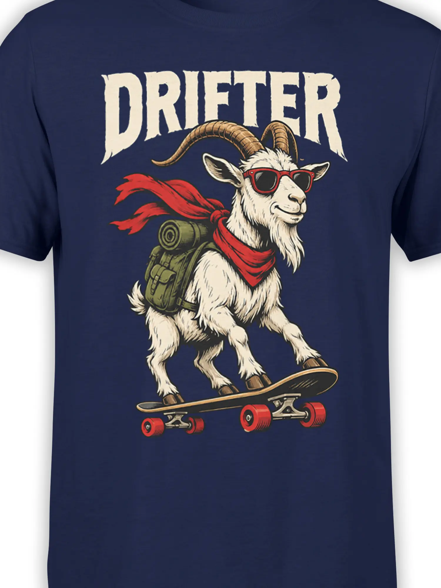 Close-up of the goat skateboard graphic on a navy T-shirt with red, cream, olive, and brown artwork
