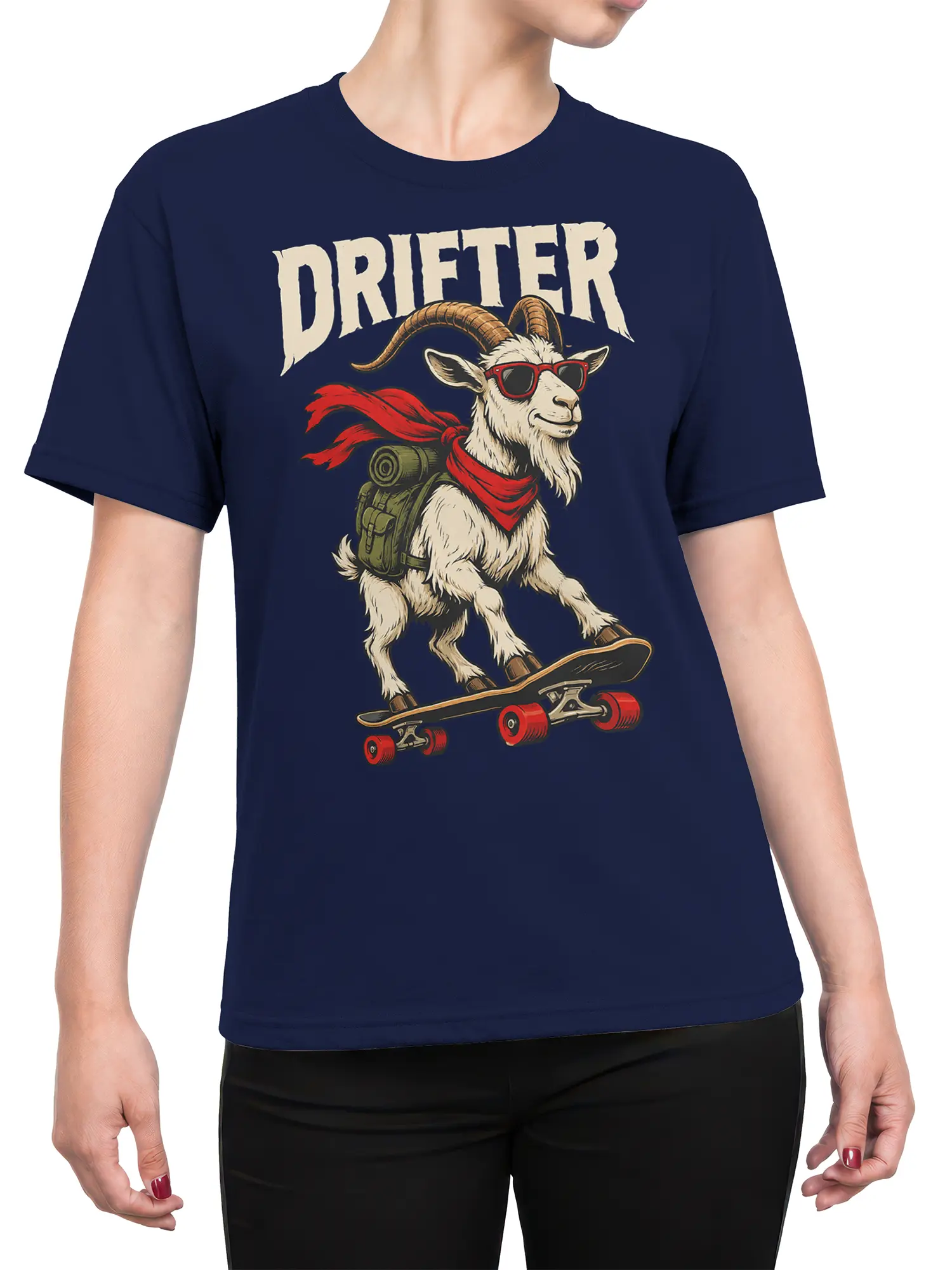 Female torso wearing a navy goat skateboard T-shirt with a vintage drifter graphic and bold lettering